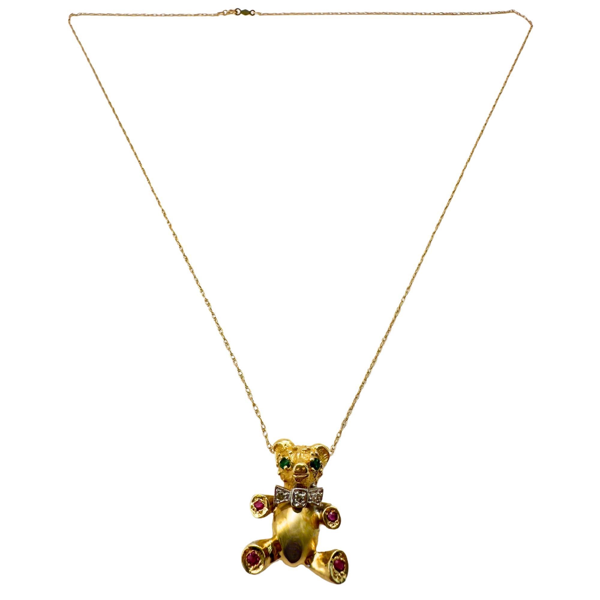 14k 1980's Diamond, Emerald and Ruby Teddy Bear Pendant with Chain For Sale 3