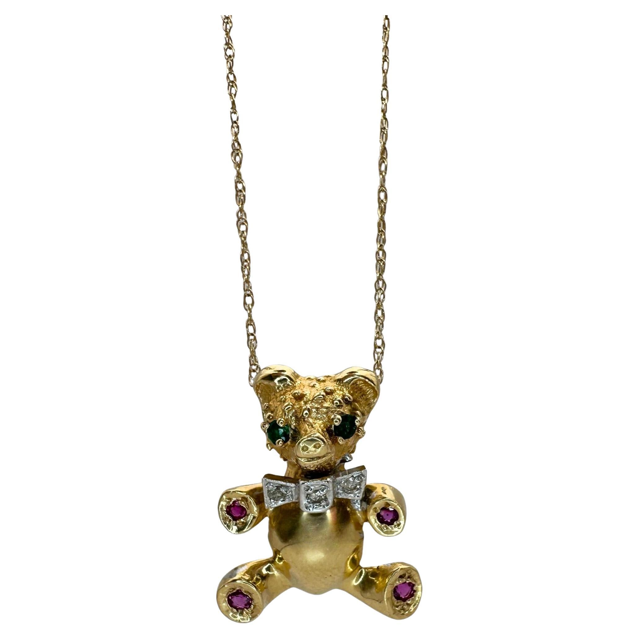 14k 1980's Diamond, Emerald and Ruby Teddy Bear Pendant with Chain For Sale