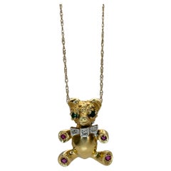 Vintage 14k 1980's Diamond, Emerald and Ruby Teddy Bear Pendant with Chain
