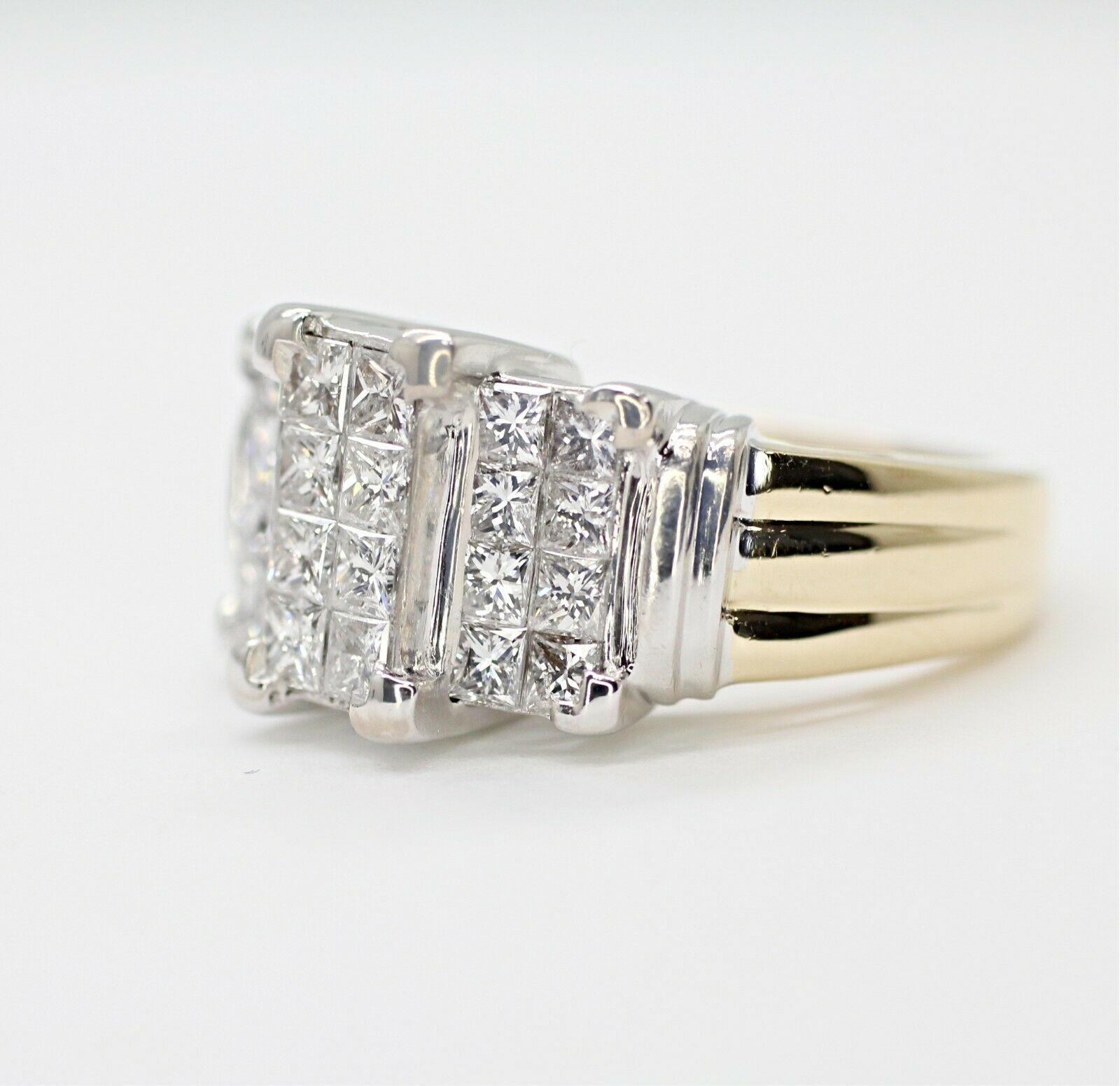  14k 2 tone 3 stone princess cut diamond ring, containing.
Specifications:
    main stone: princess cut 8PCS 0.62ctw
    side stones: princess cut 16 pcs. 0.97ctw
    carat total weight: 1.59
    color: g
    clarity: si2
    brand: CUSTOM 
   
