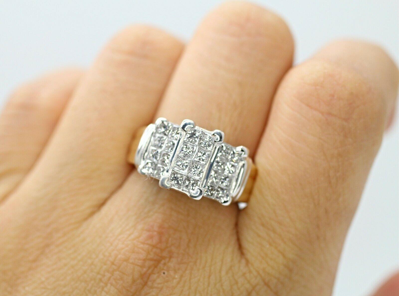 Women's or Men's 14 Karat 2-Tone 3-Stone Look Princess Cut Diamond Ring