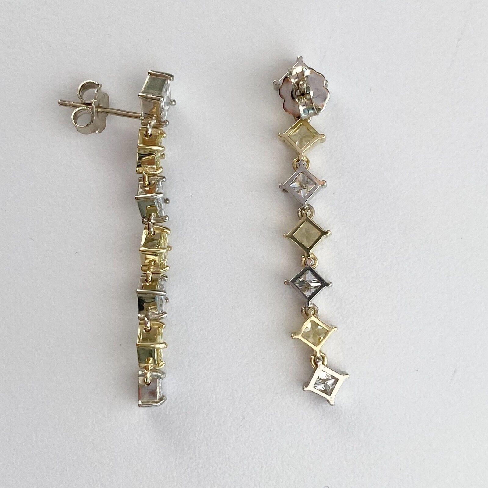 Princess Cut 14k 2 Tone Fancy Yellow and White Diamond Dangle Earrings 2.57cts For Sale