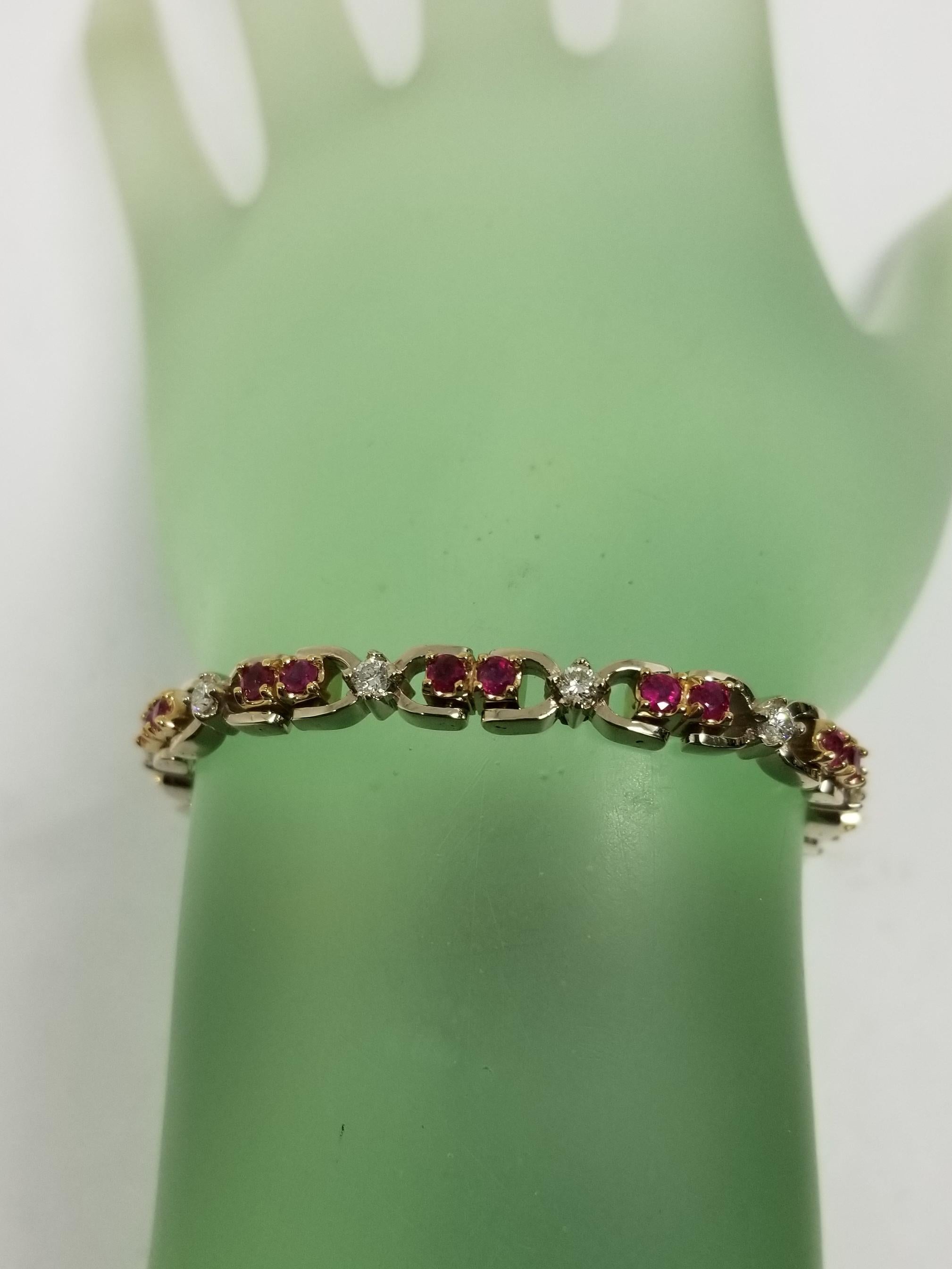 Contemporary 14k 2-Tone Gold Oval Ruby and Diamond Bracelet, Containing 25 Oval Rubies of Gem For Sale