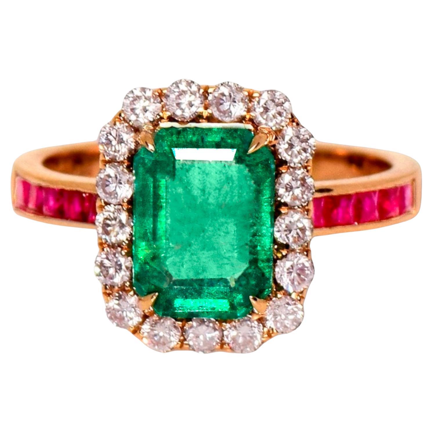 IGI 14K 2.03 Ct Emerald&Pink Diamonds Antique Art Deco Style Engagement Ring