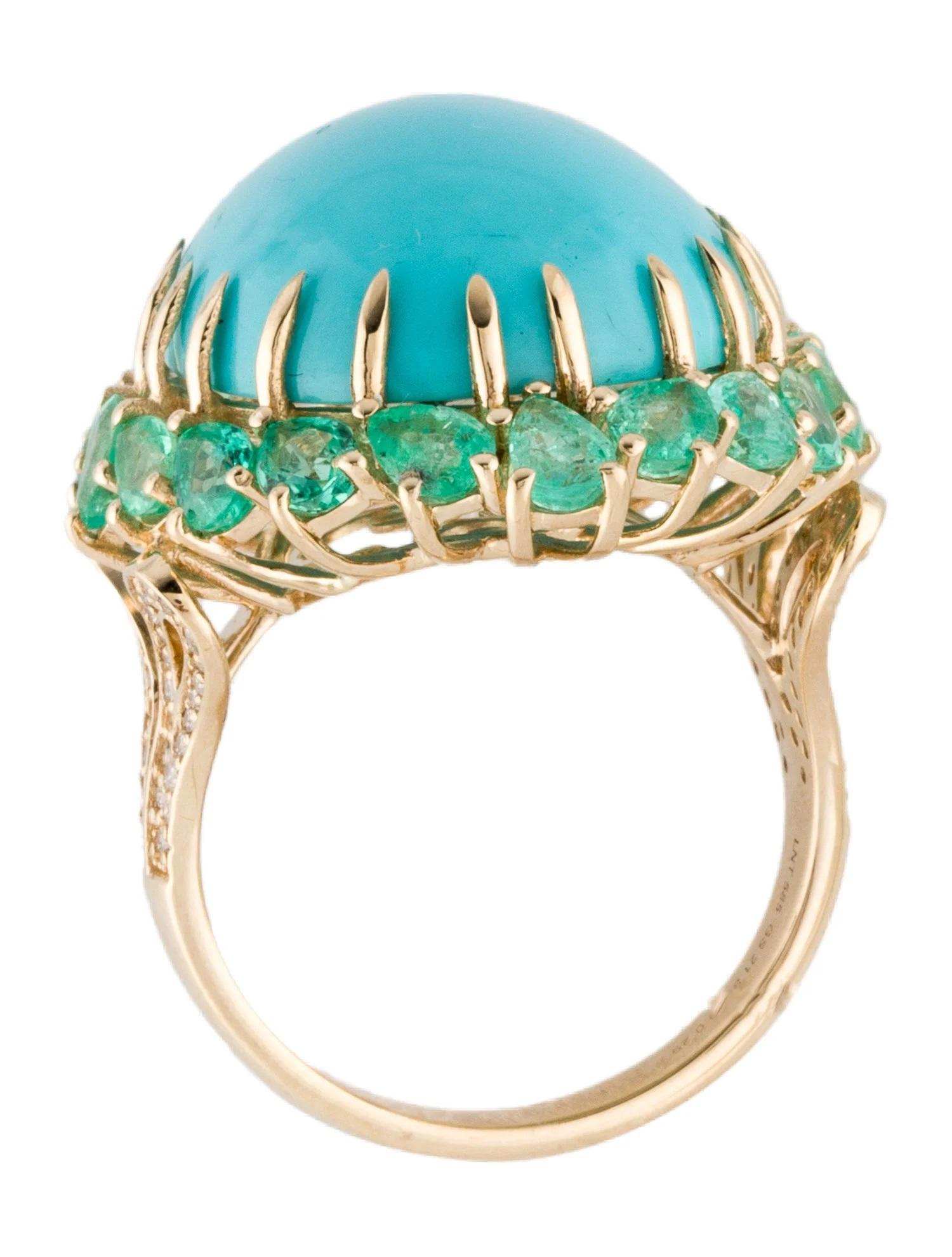 14K 21.39ct Turquoise, Emerald & Diamond Cocktail Ring Size 7  Oval Turquoise In New Condition For Sale In Holtsville, NY