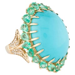 Bague cocktail 14 carats turquoise, émeraude et diamant 21,39 carats taille 7  Ovale Turquoise