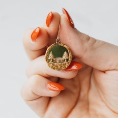 14K & 22K Yellow Gold Nephrite Jade Cabin Scene Earrings