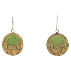 14K & 22K Yellow Gold Nephrite Jade Cabin Scene Earrings