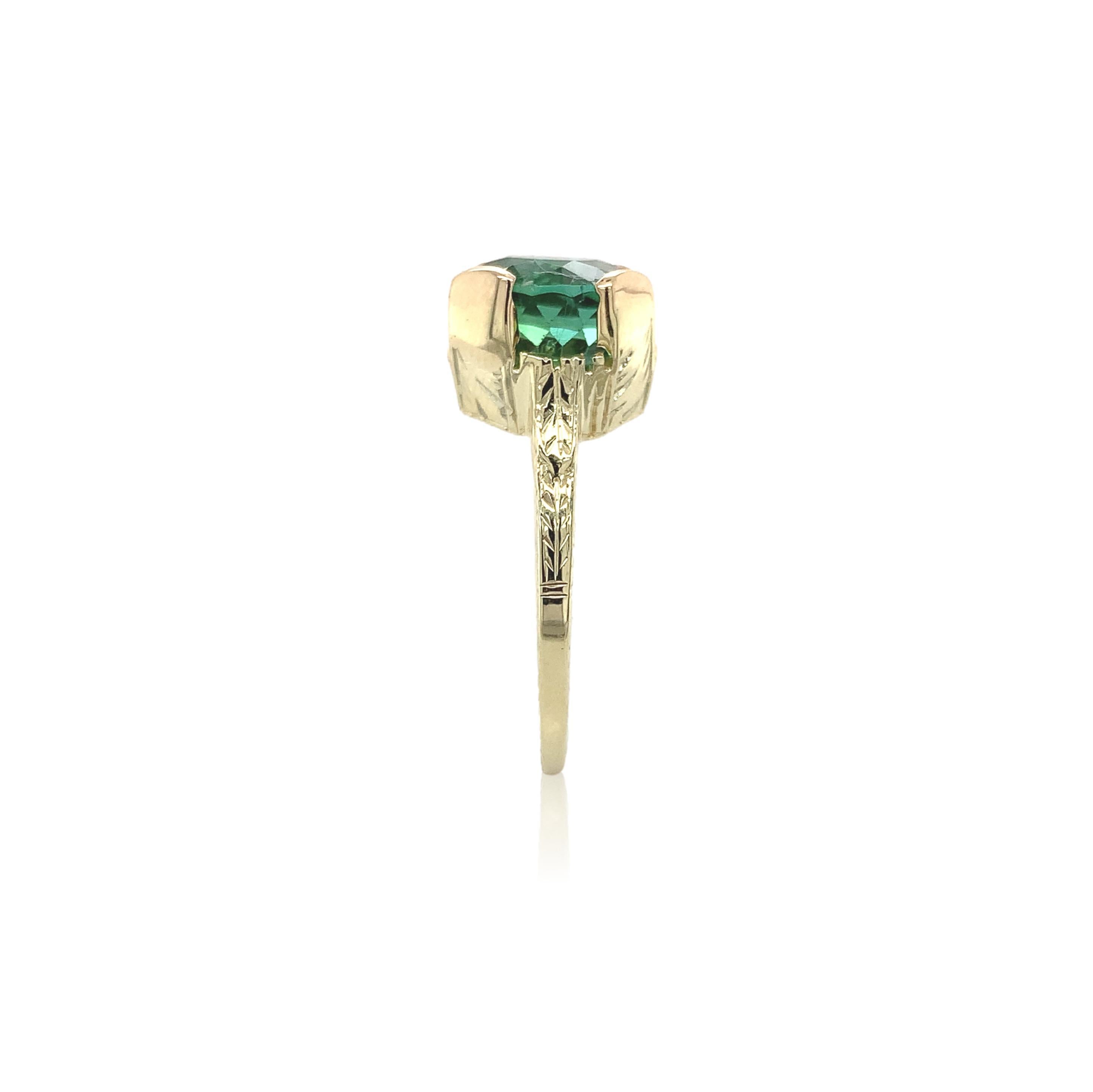 14K 2.94 carat Green Tourmaline Ring hand engraved size 5.25 In Good Condition For Sale In Big Bend, WI