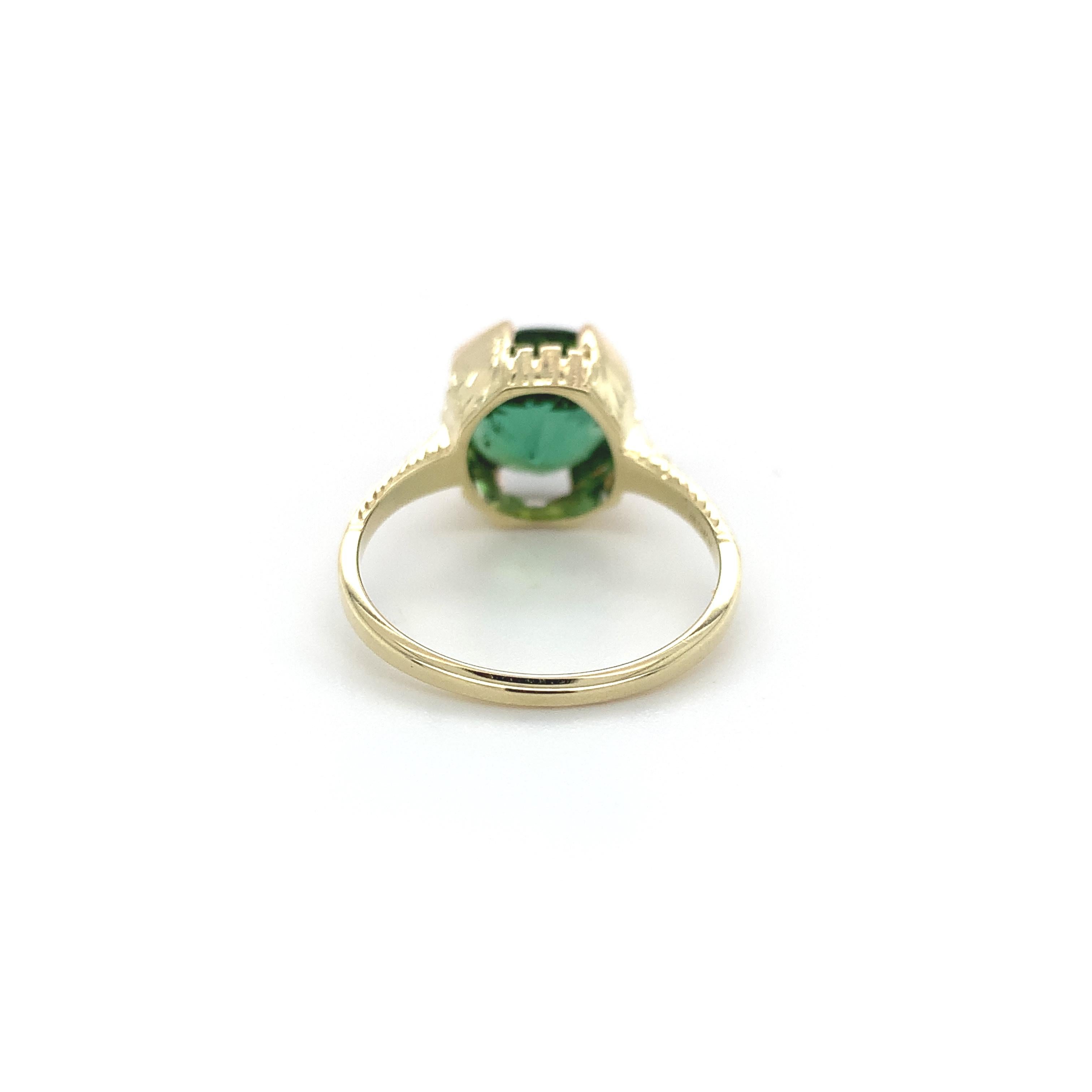 Women's 14K 2.94 carat Green Tourmaline Ring hand engraved size 5.25 For Sale