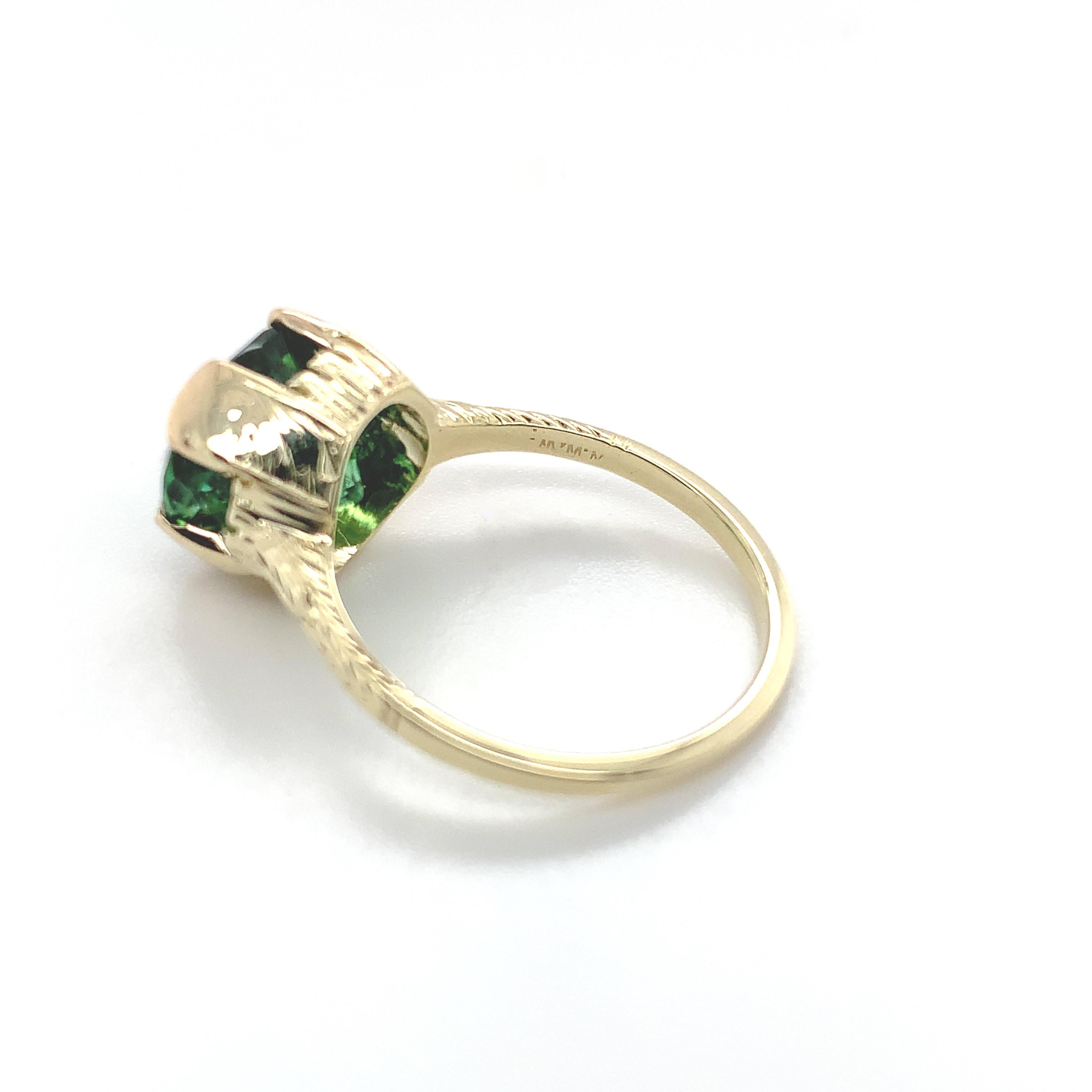 14K 2.94 carat Green Tourmaline Ring hand engraved size 5.25 For Sale 4