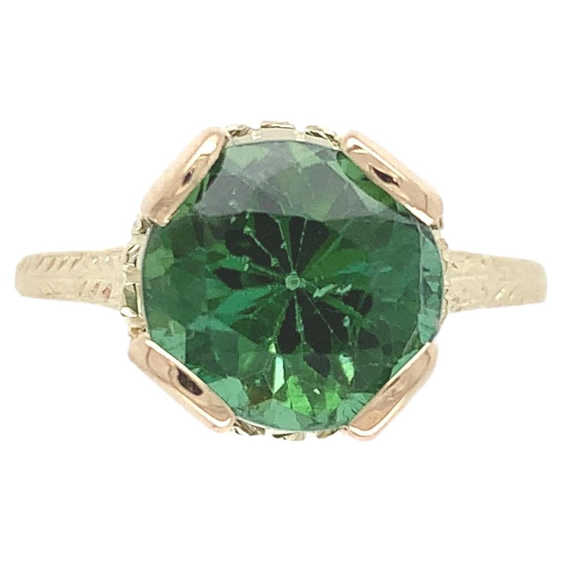 14K 2.94 carat Green Tourmaline Ring hand engraved size 5.25