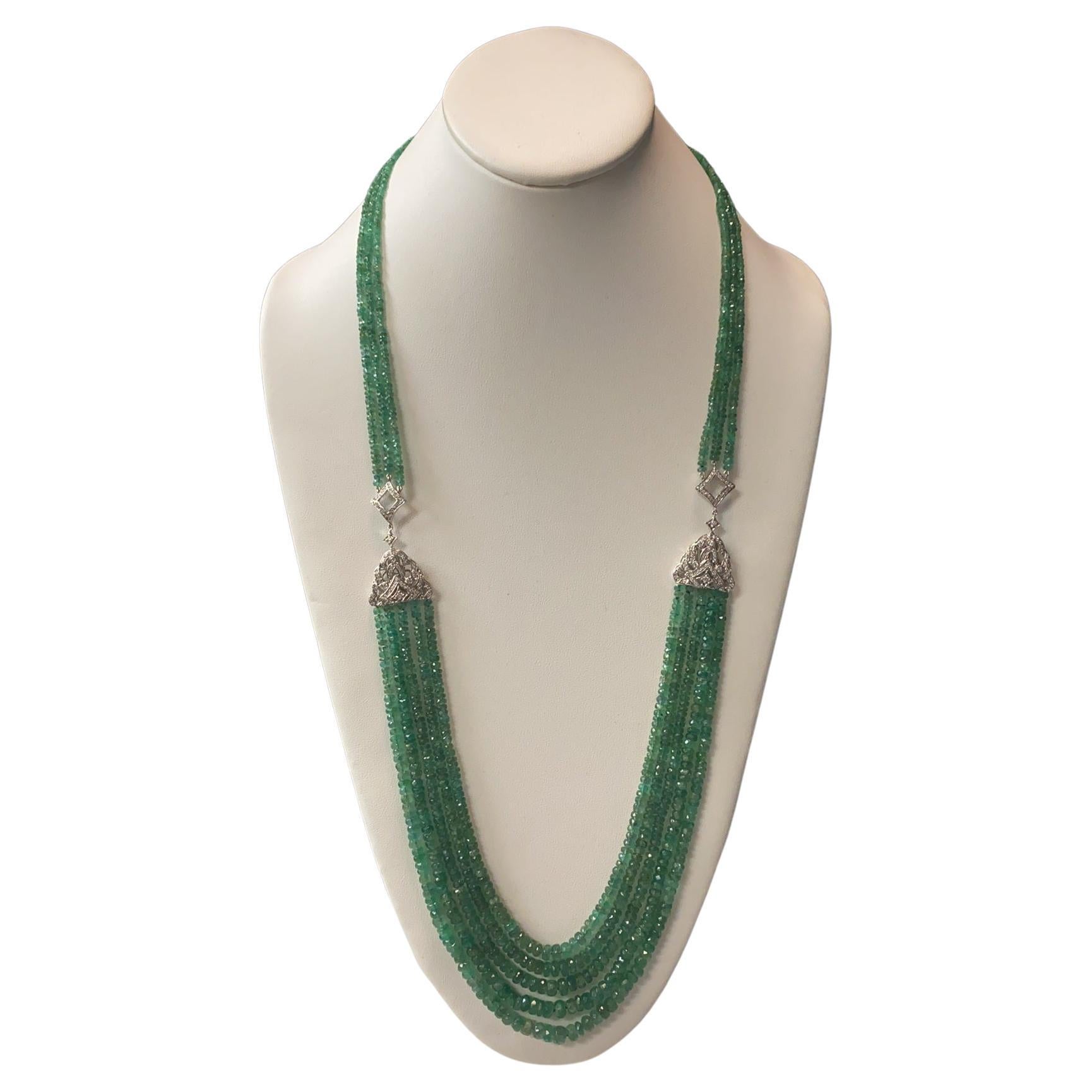 14K 300 Carat Emerald Bead Multi Strand Necklace
