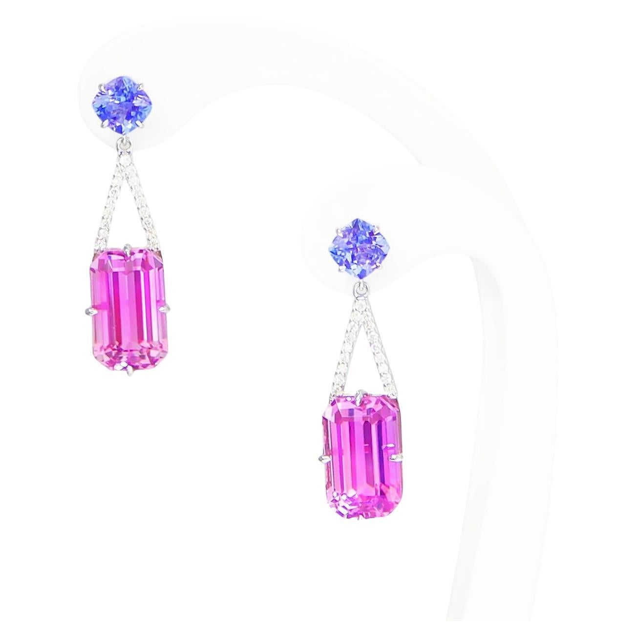 14K 30.50 Carat Intense Pink Kunzite&Tanzanite Antique Art Deco Drop Earrings