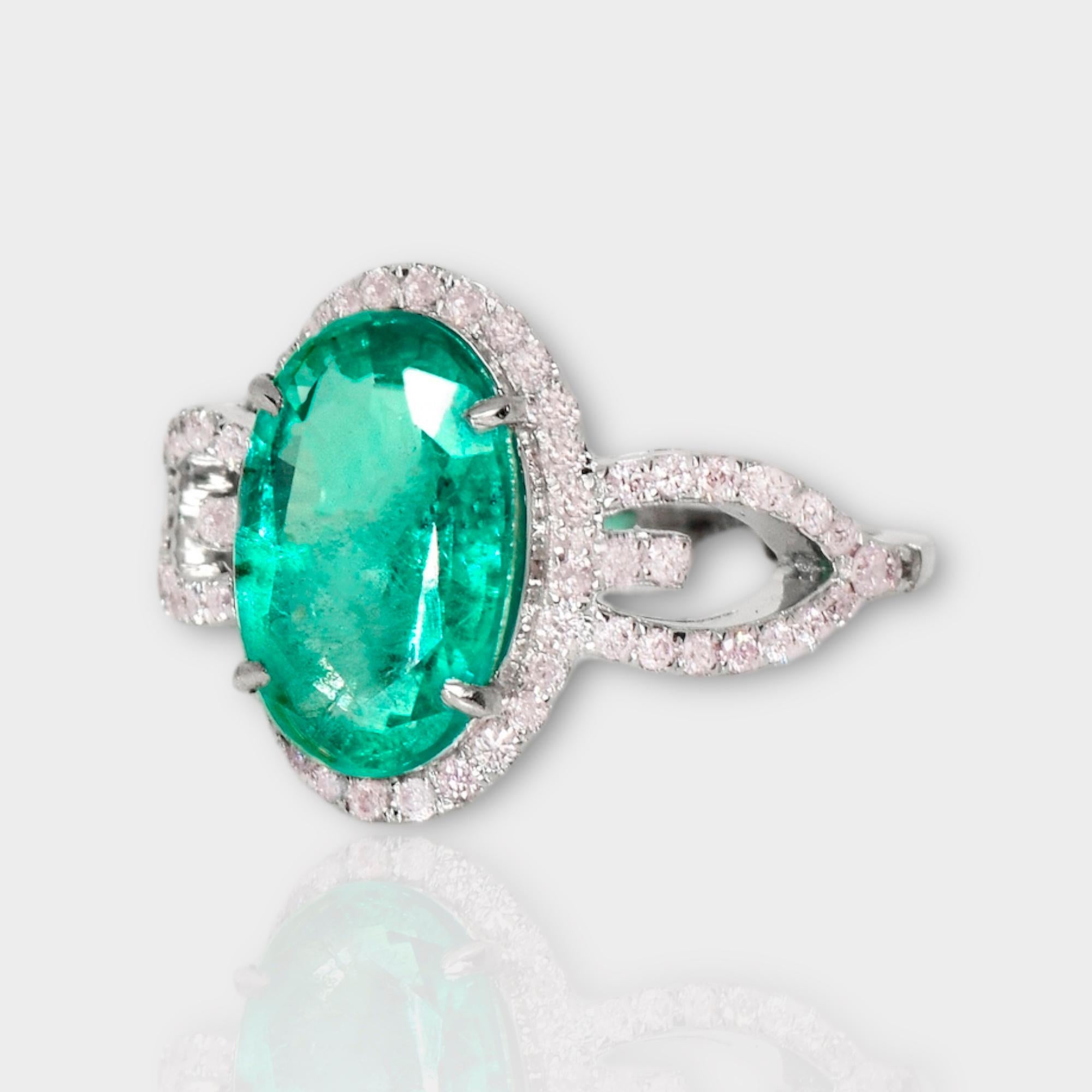 Contemporary IGI 14K 3.12 Ct Emerald&Pink Diamonds Antique Art Deco Style Engagement Ring For Sale
