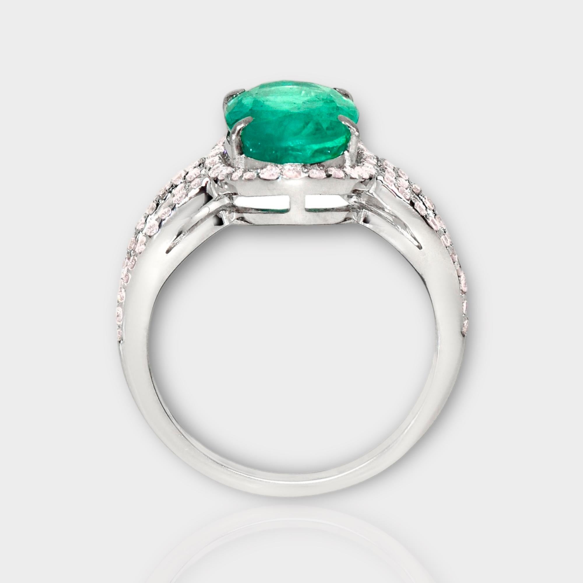 Oval Cut IGI 14K 3.12 Ct Emerald&Pink Diamonds Antique Art Deco Style Engagement Ring For Sale