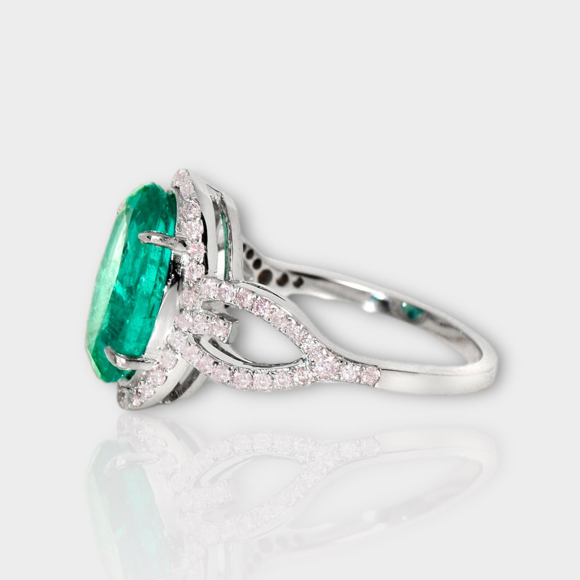 Women's IGI 14K 3.12 Ct Emerald&Pink Diamonds Antique Art Deco Style Engagement Ring For Sale