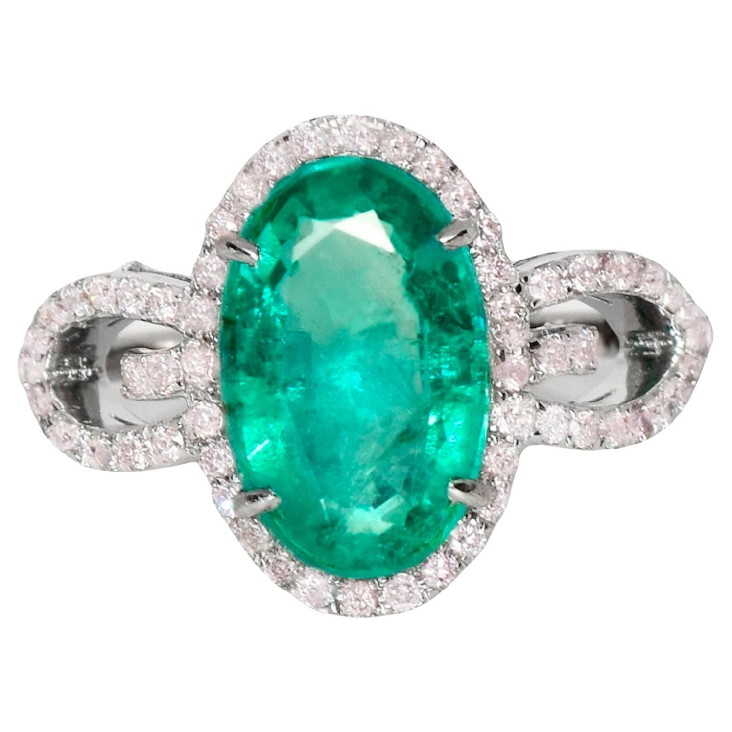 IGI 14K 3.12 Ct Emerald&Pink Diamonds Antique Art Deco Style Engagement Ring For Sale