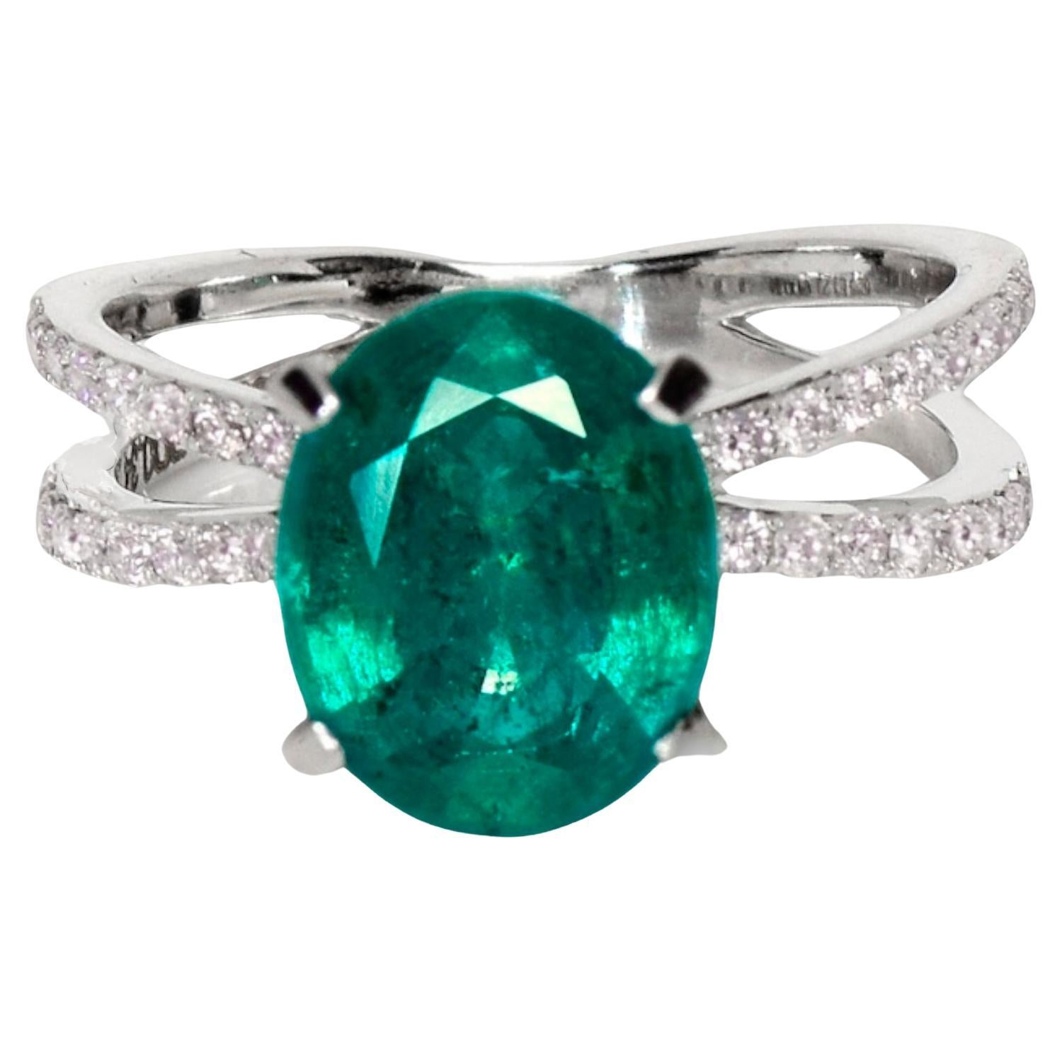 IGI 14K 3.23 Ct Emerald&Pink Diamonds Antique Art Deco Style Engagement Ring For Sale