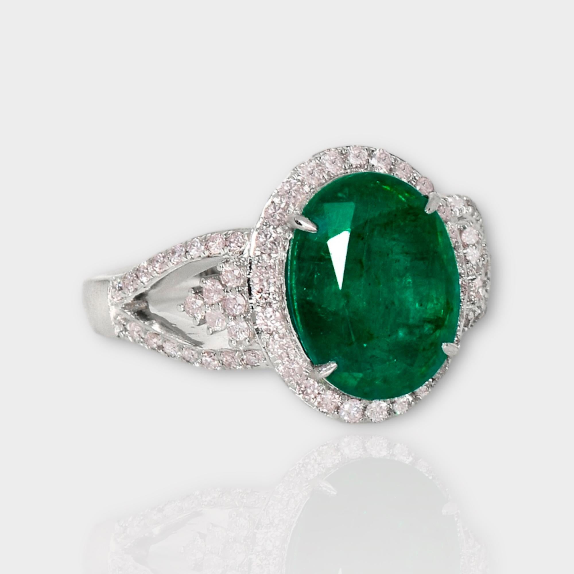 Contemporary IGI 14K 3.24 Ct Emerald&Pink Diamonds Antique Art Deco Style Engagement Ring For Sale