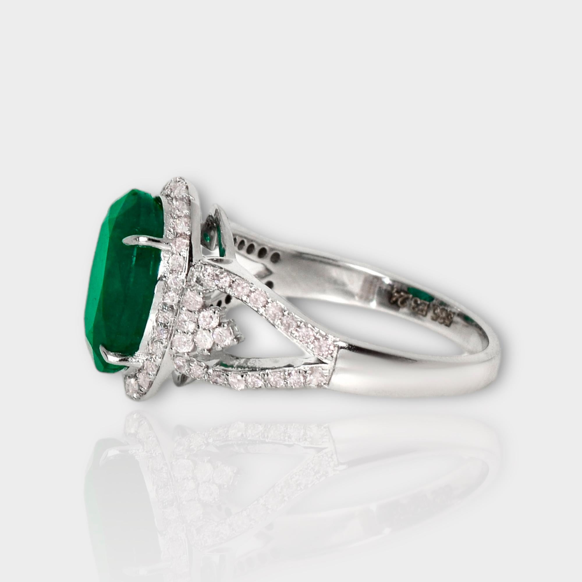 Women's IGI 14K 3.24 Ct Emerald&Pink Diamonds Antique Art Deco Style Engagement Ring For Sale