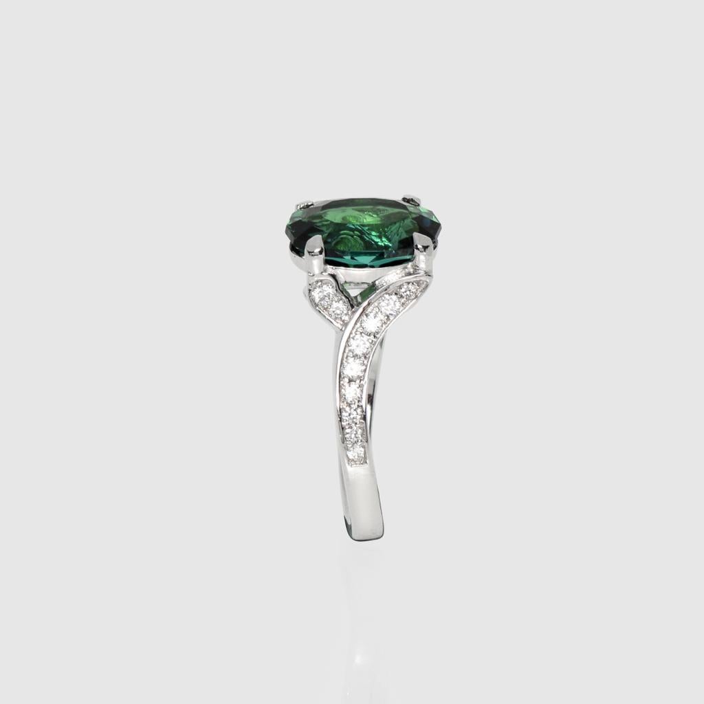 Oval Cut IGI 14K 3.32 Ct Bluish Green Tourmaline Antique Art Deco Style Engagement Ring