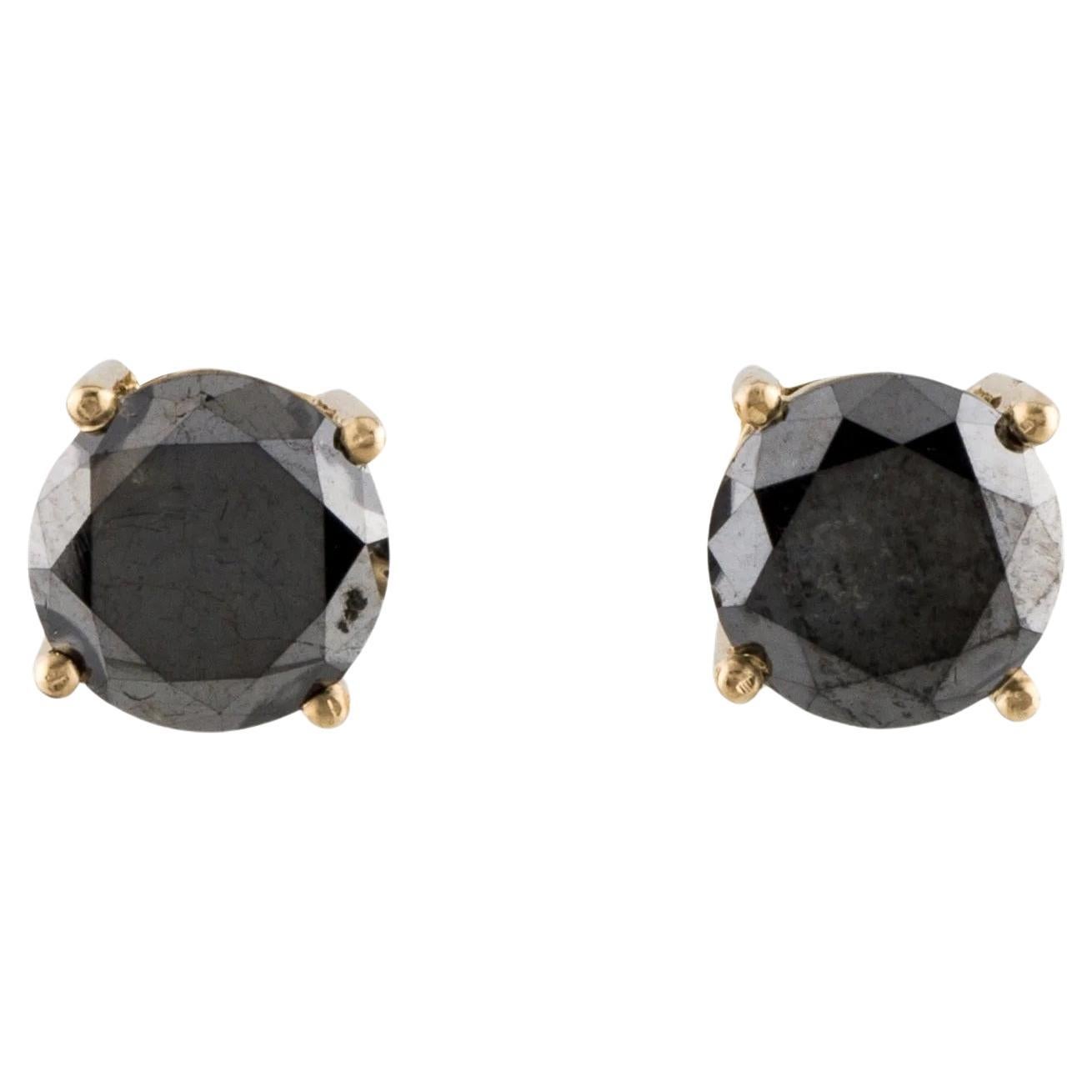 14K 3.48ctw Black Diamond Stud Earrings  14K Yellow Gold   Round Brilliant