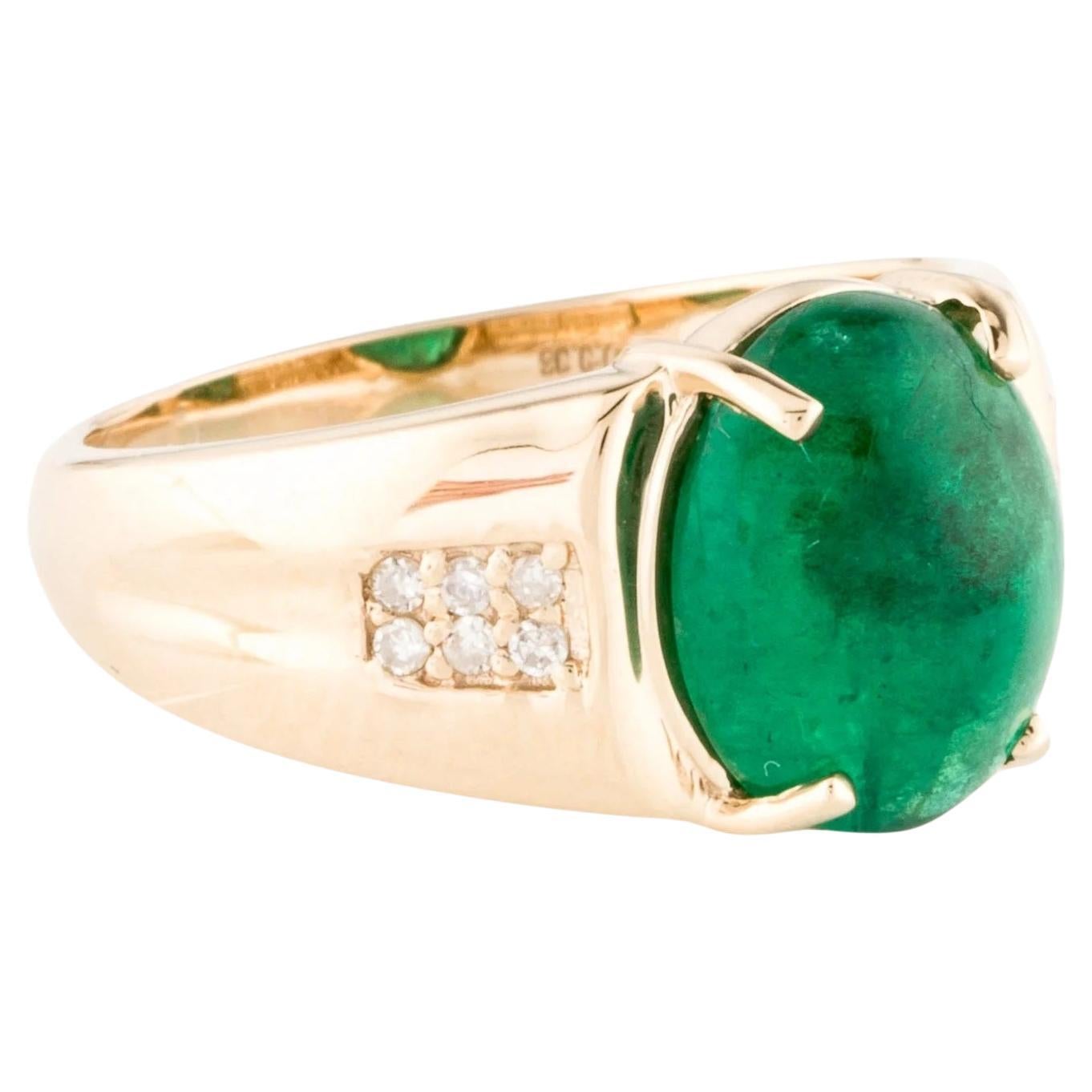 14K 3.90ct Emerald & Diamond Cocktail Ring  Oval Cabochon Emerald  Yellow Gold