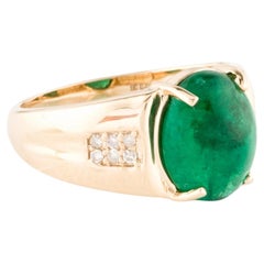 14K 3.90ct Emerald & Diamond Cocktail Ring  Oval Cabochon Emerald  Yellow Gold