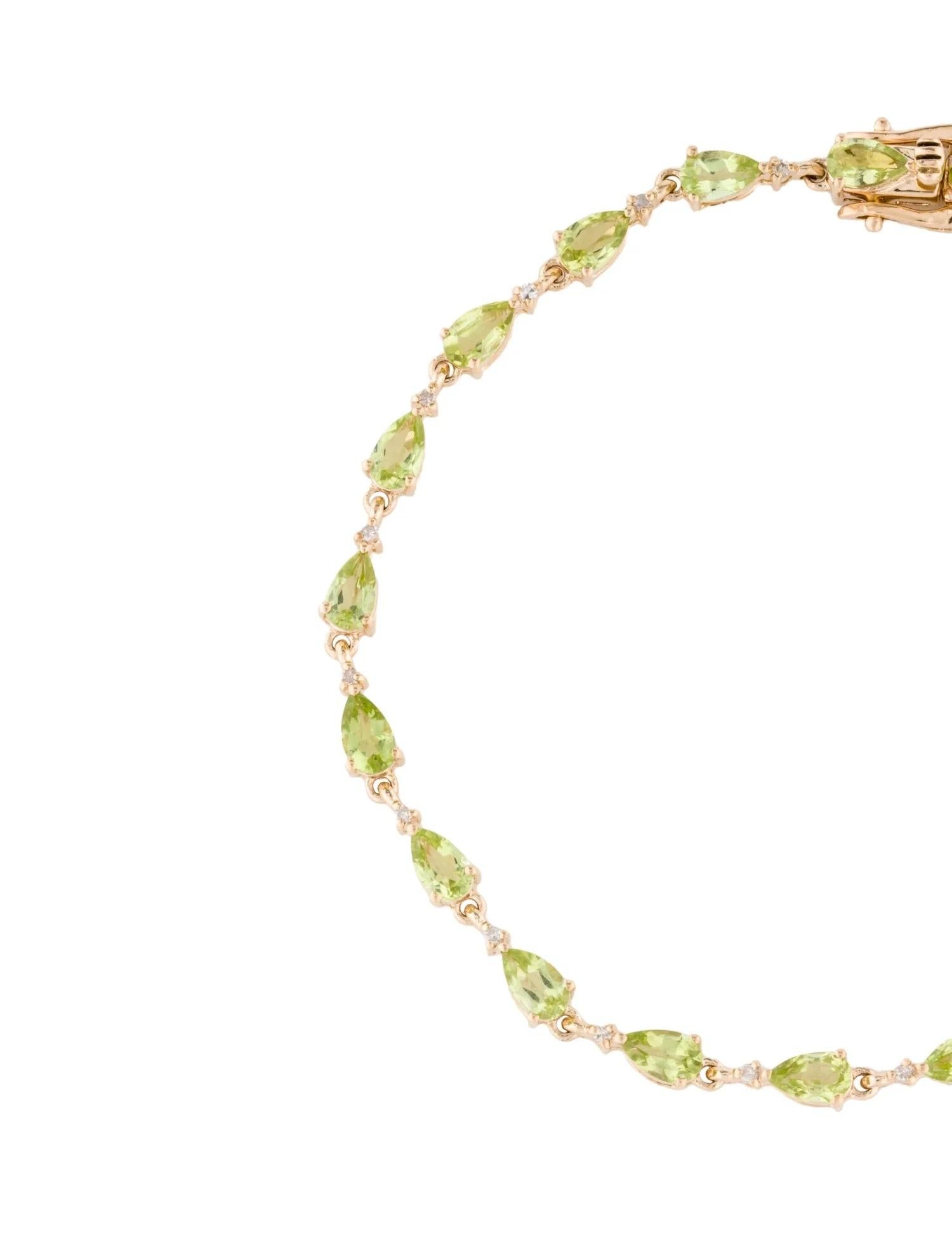 Add a touch of elegance to your ensemble with this exquisite 14K yellow gold link bracelet, adorned with 4.35 carats of pear modified brilliant peridot gemstones and 0.14 carats of near colorless single cut diamonds. Crafted with precision and