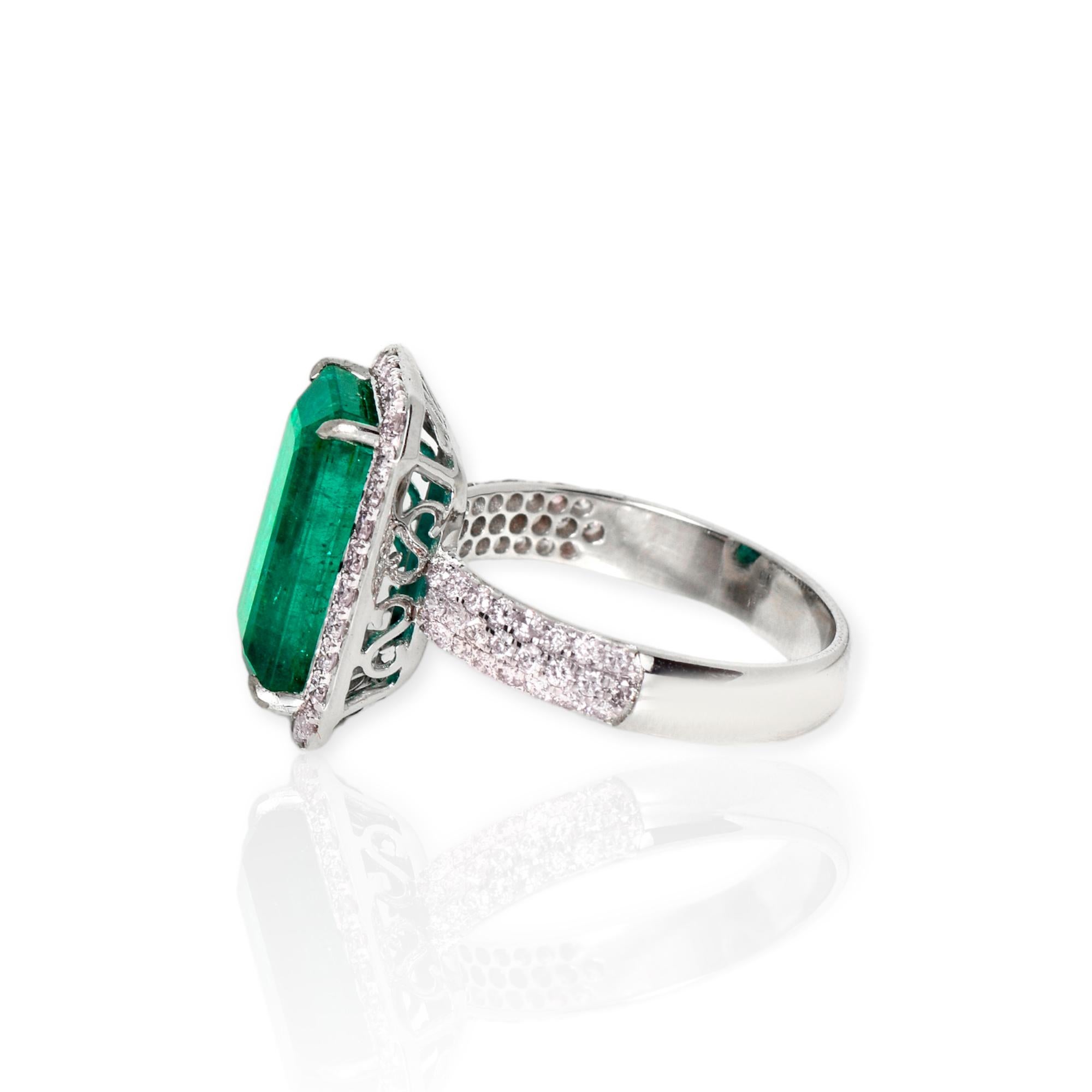 Women's or Men's IGI 14K 4.47 ct Natural Green Emerald&Pink Diamond Art Deco Engagement Ring For Sale