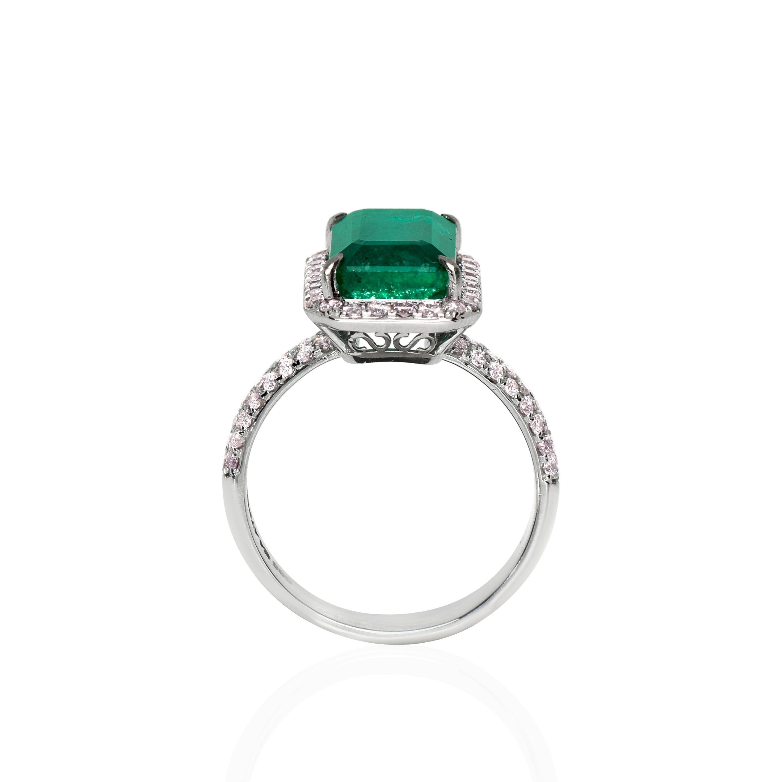 IGI 14K 4.47 ct Natural Green Emerald&Pink Diamond Art Deco Engagement Ring For Sale 1