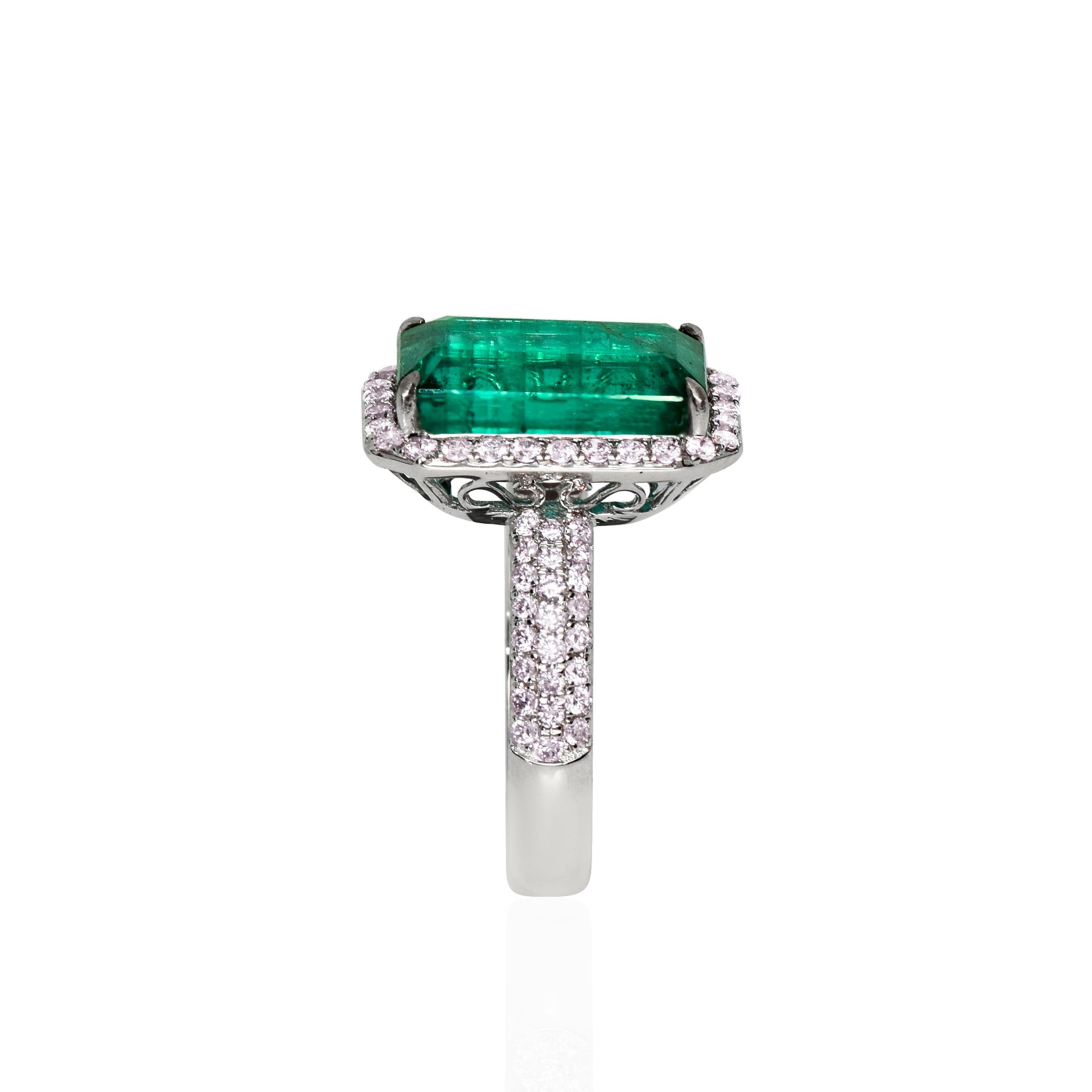 IGI 14K 4.47 ct Natural Green Emerald&Pink Diamond Art Deco Engagement Ring For Sale 2