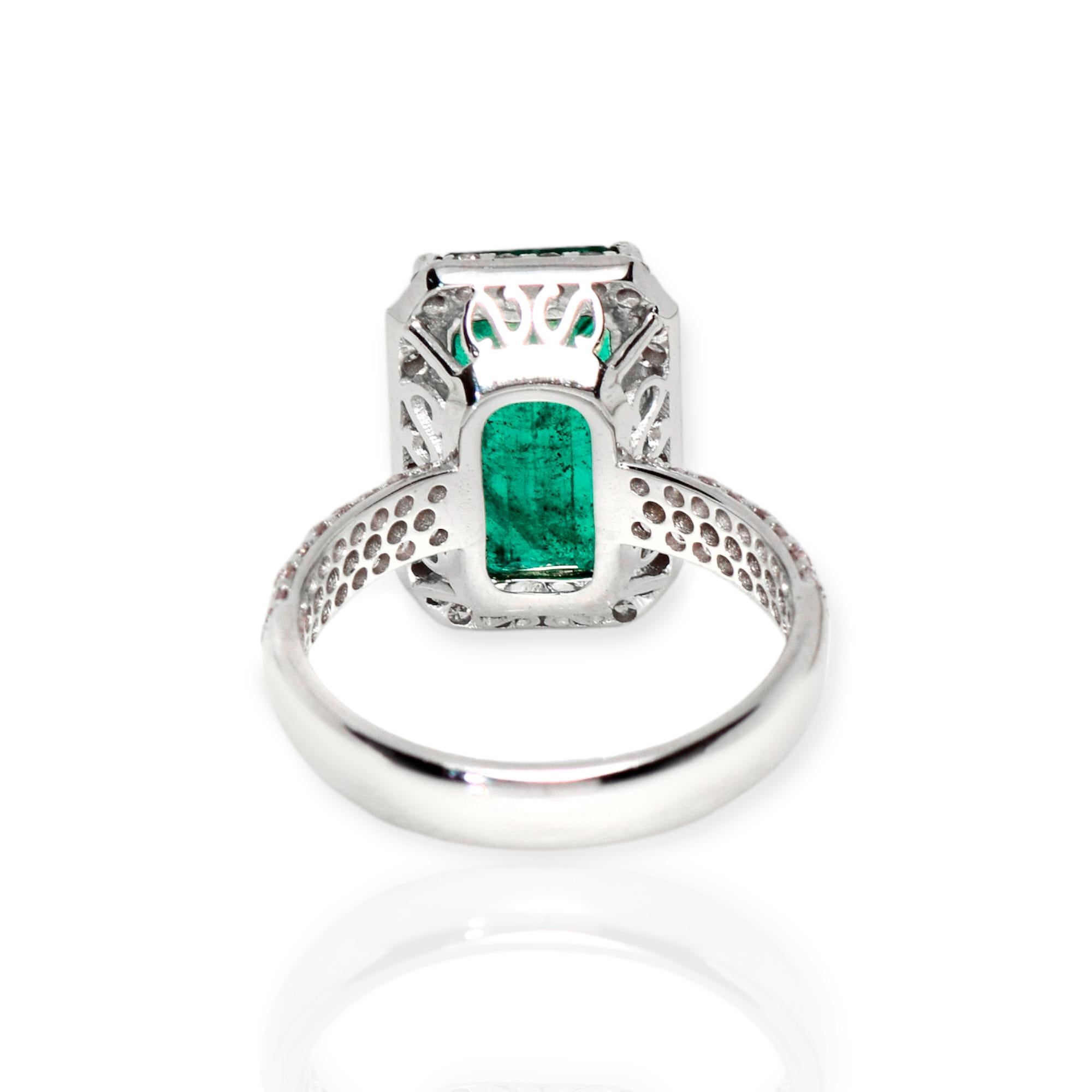 IGI 14K 4.47 ct Natural Green Emerald&Pink Diamond Art Deco Engagement Ring For Sale 3