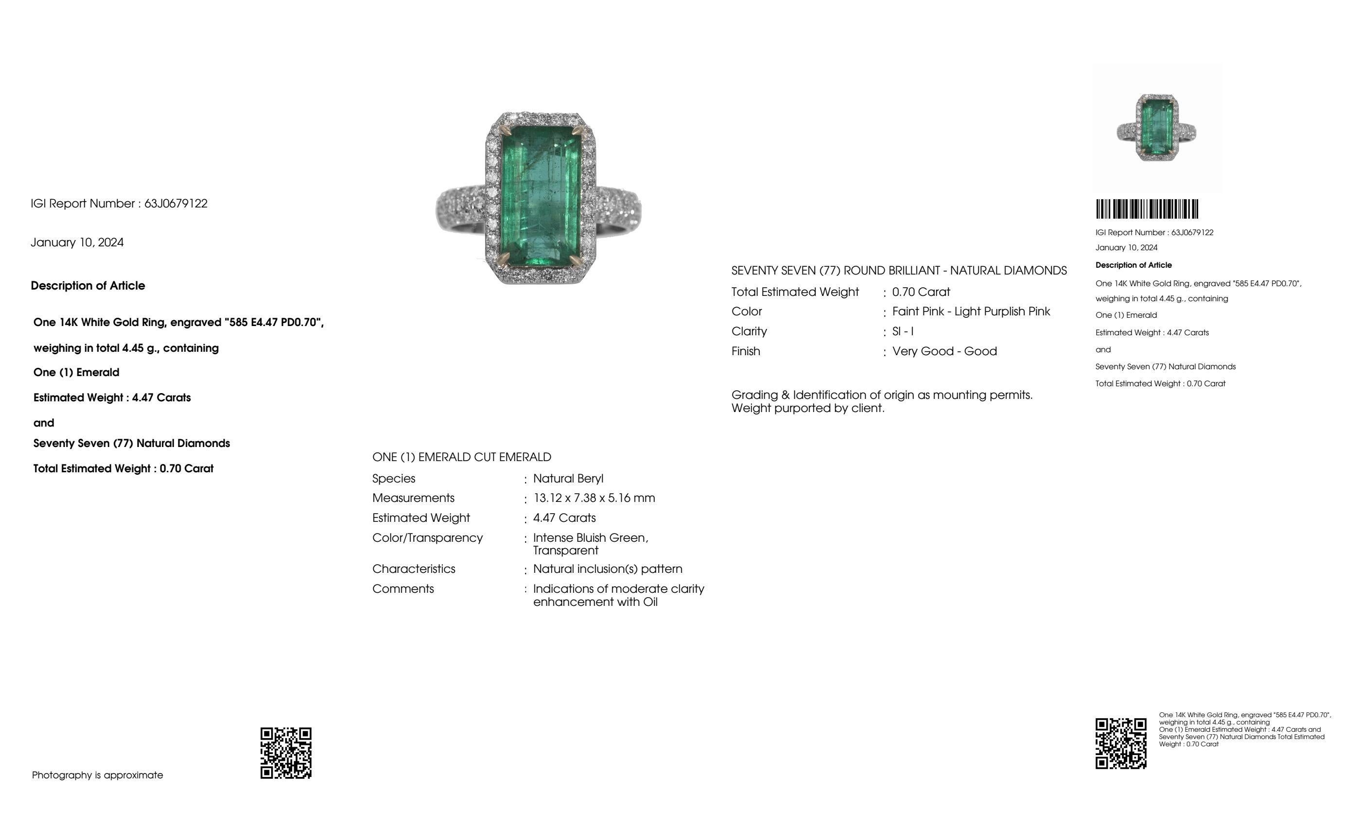 Emerald Cut IGI 14K 4.47 ct Natural Green Emerald&Pink Diamond Art Deco Engagement Ring For Sale