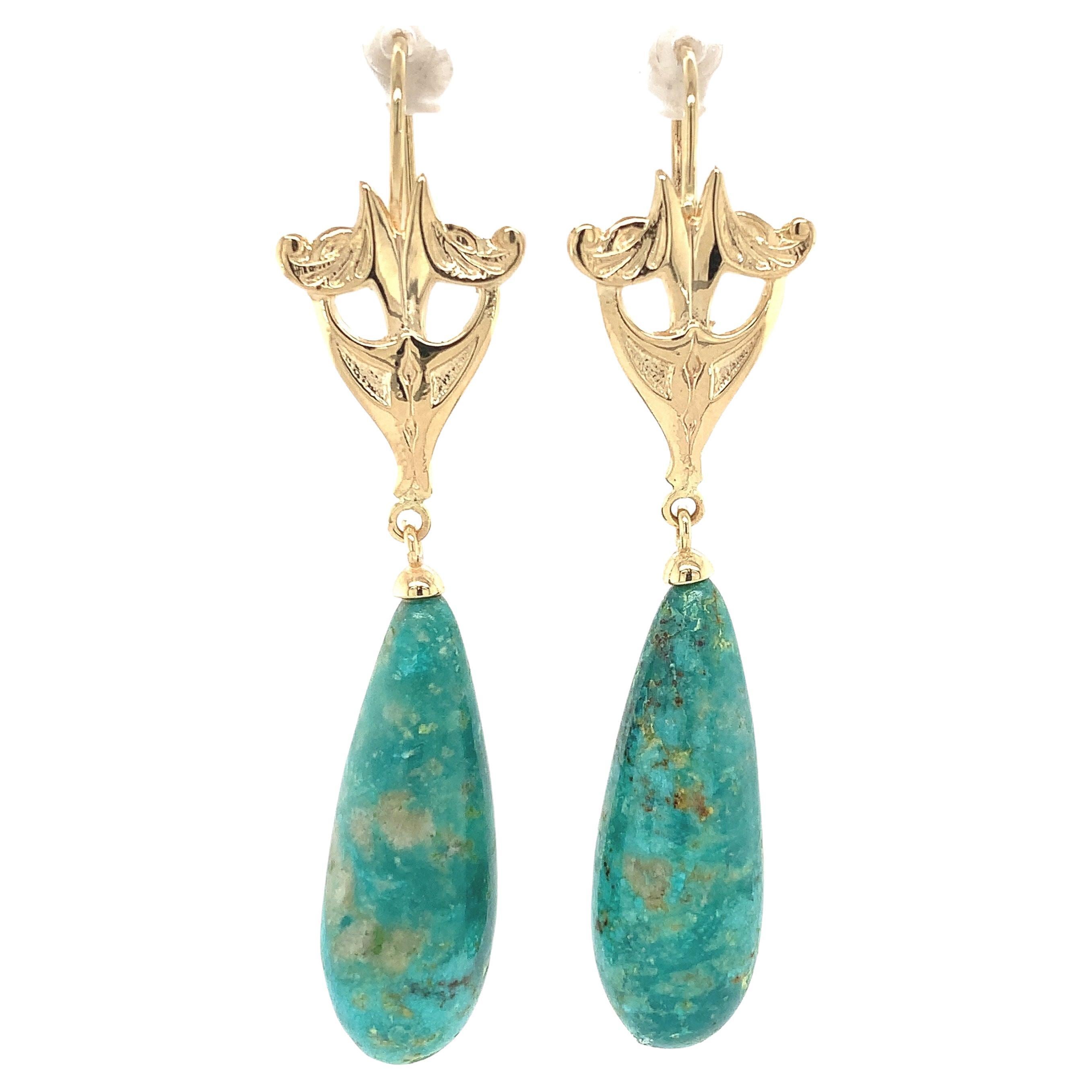 14k 47.50 Carat Fox Turquoise Dangle Earrings For Sale