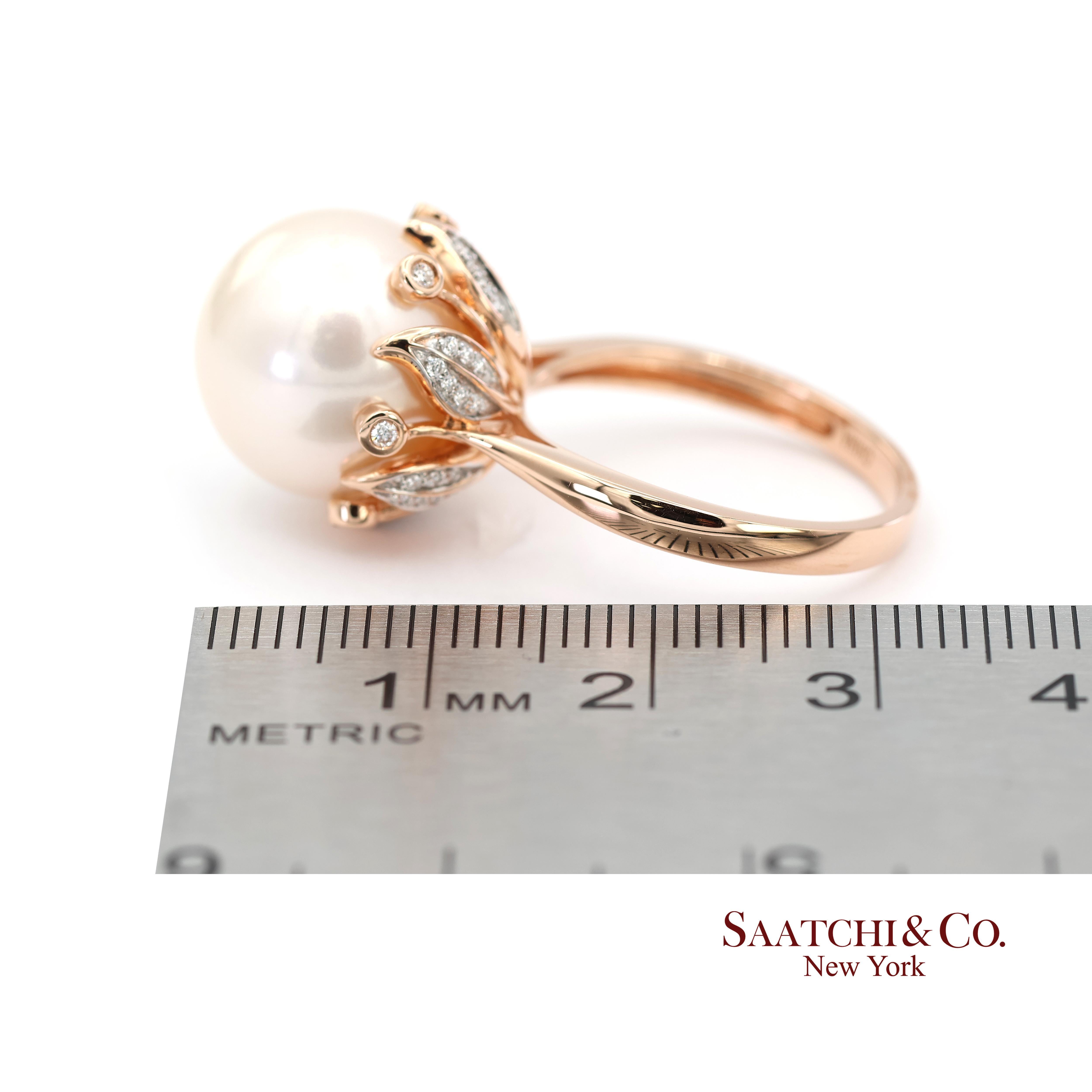 Anello in oro rosa 14K 585 con diamante naturale Brilliante e perle bianche in vendita 4