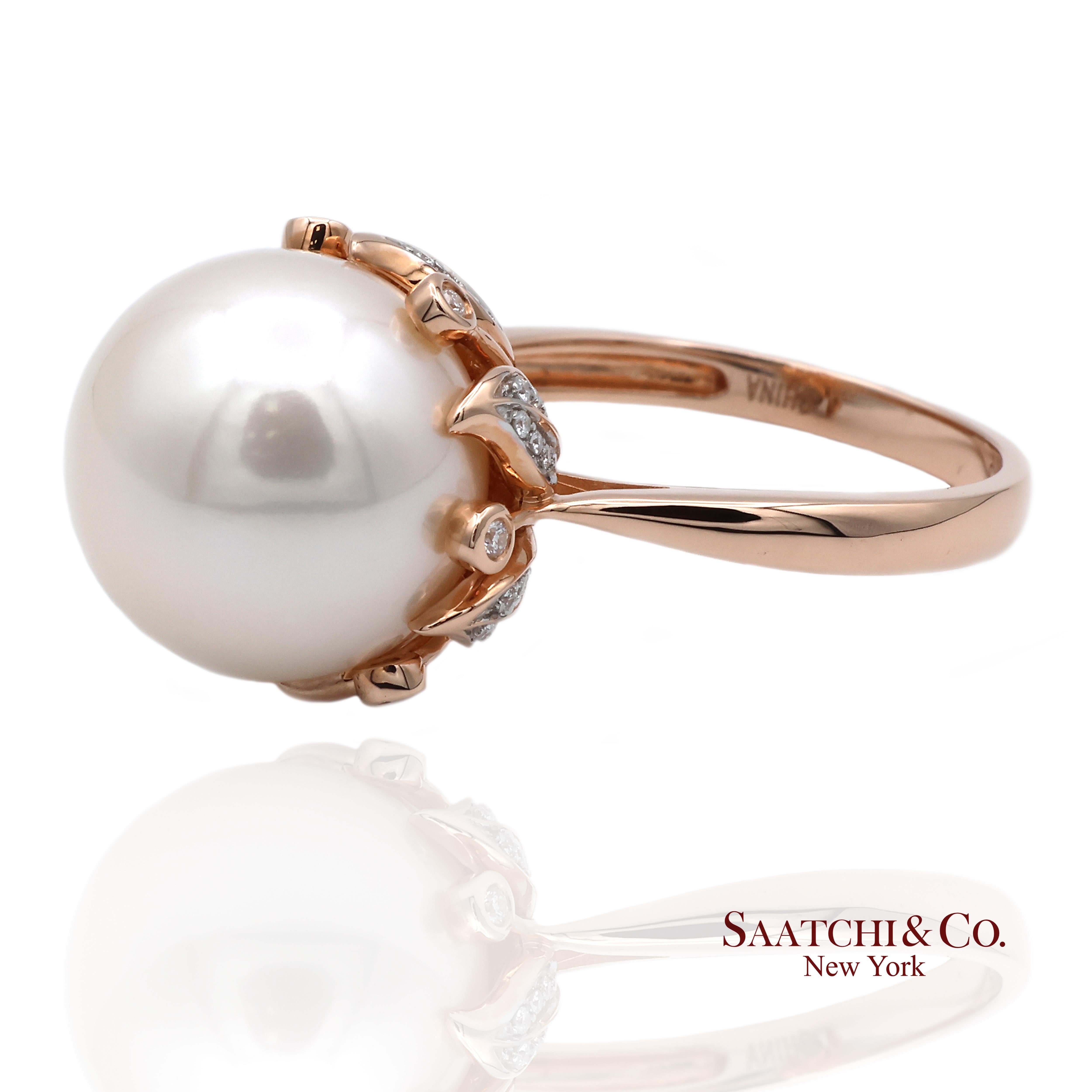 Contemporaneo Anello in oro rosa 14K 585 con diamante naturale Brilliante e perle bianche in vendita