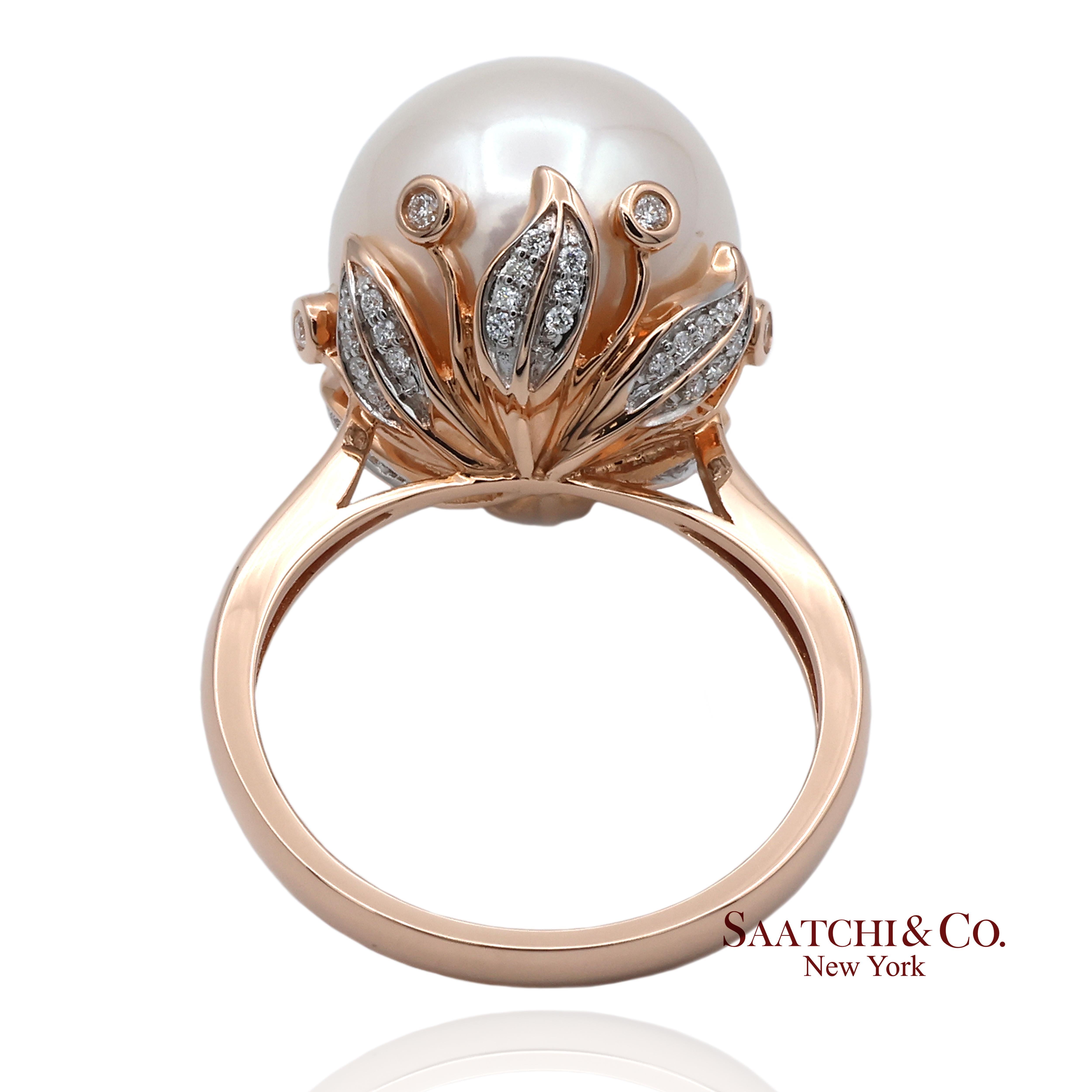 Taglio brillante Anello in oro rosa 14K 585 con diamante naturale Brilliante e perle bianche in vendita