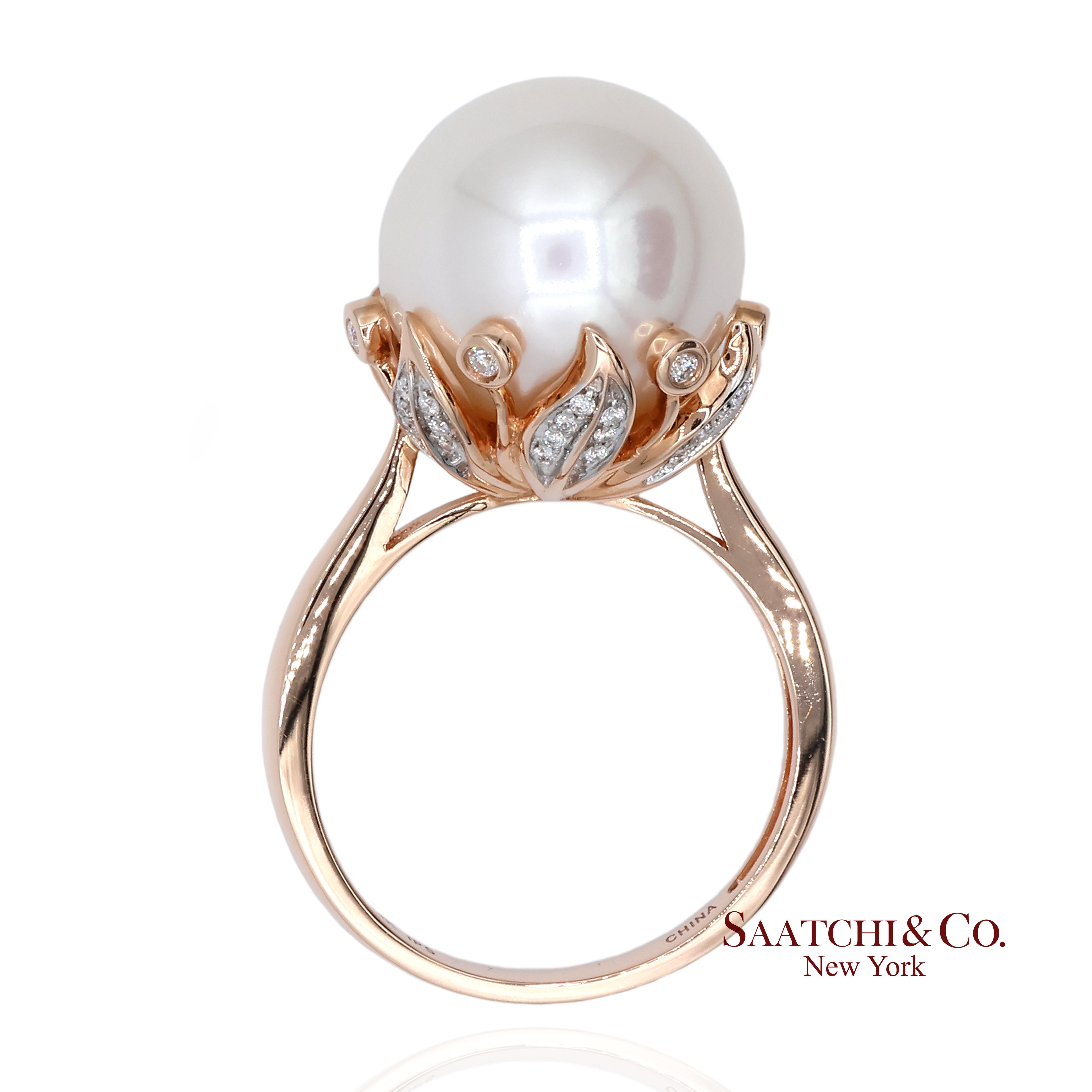 Anello in oro rosa 14K 585 con diamante naturale Brilliante e perle bianche In condizioni Nuovo in vendita a New York, NY