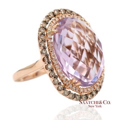 14K 585 Rose Gold Natural Diamond and Amethyst Ring