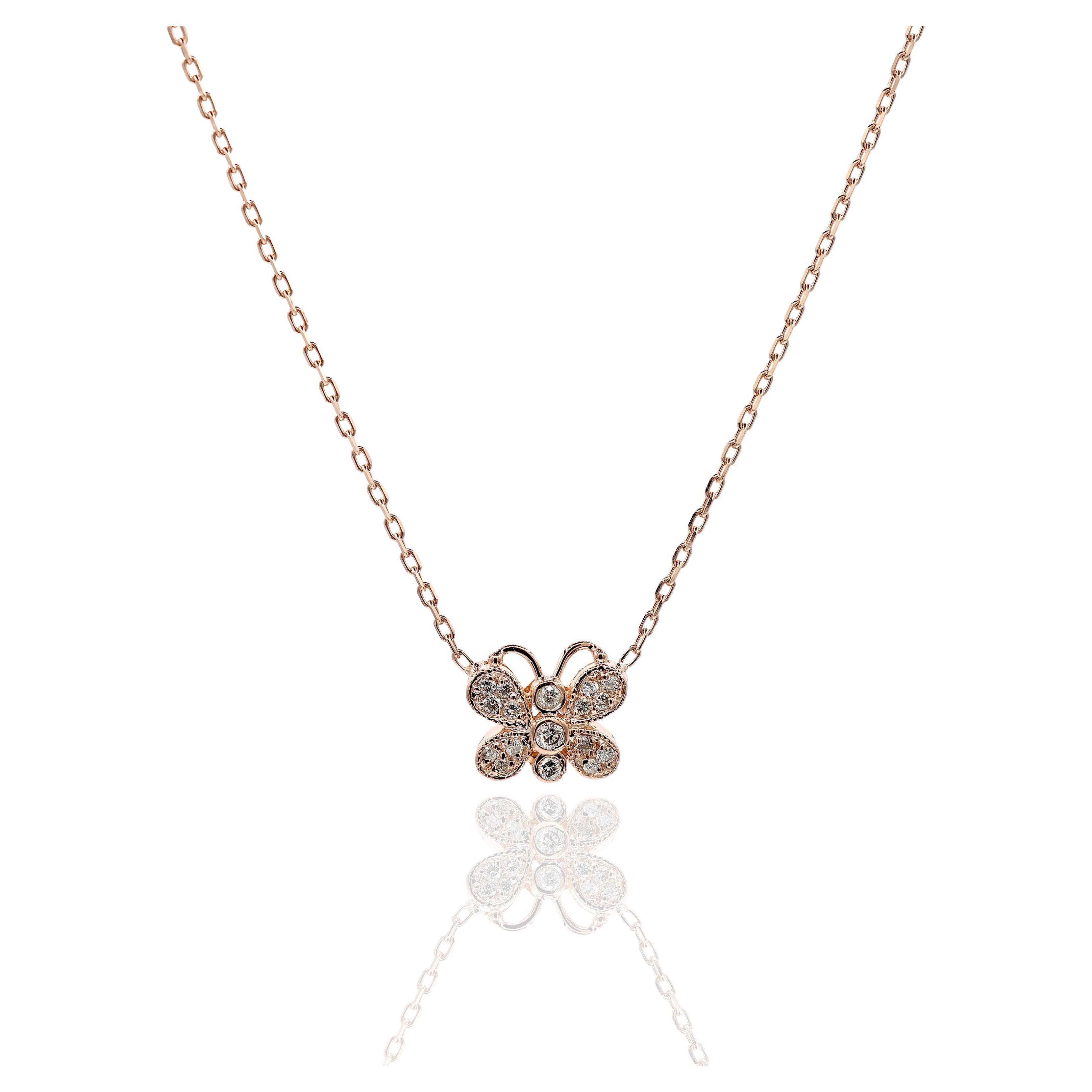 14K 585 Rose Gold Natural Diamond Butterfly Pendant Necklace with Chain