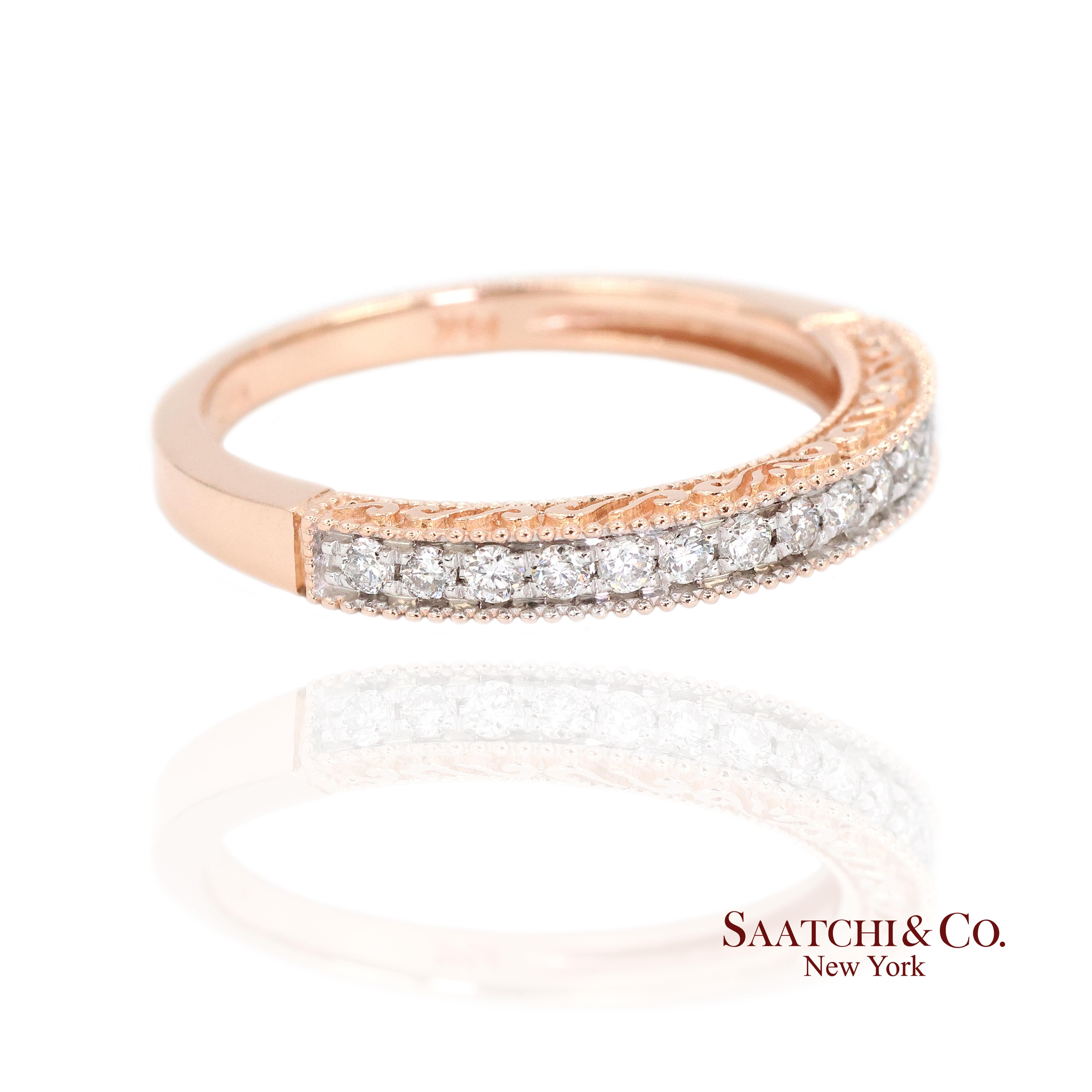 14K 585 Rose Gold Natürlicher Diamant Gravierter Bandring (Zeitgenössisch) im Angebot