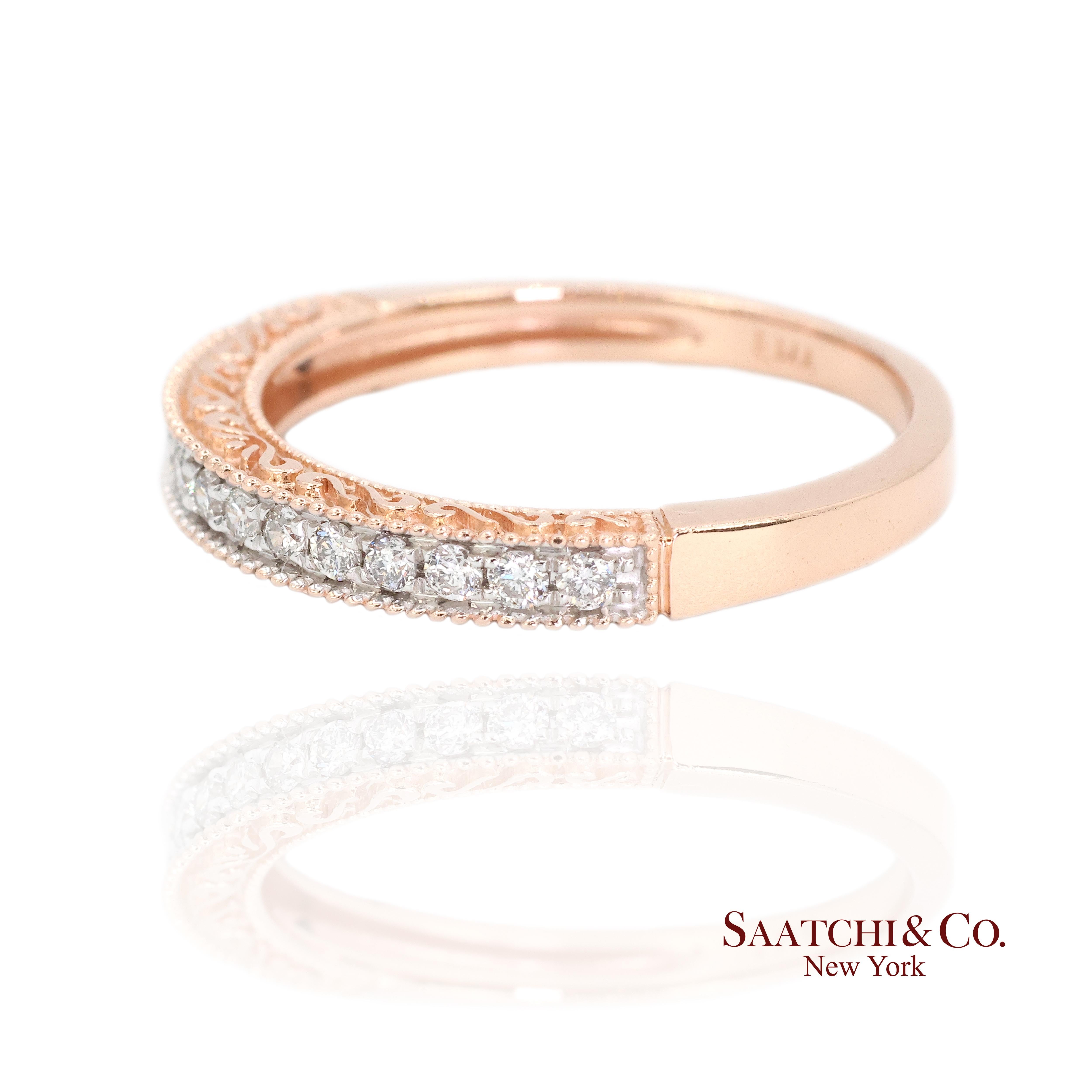 14K 585 Rose Gold Natürlicher Diamant Gravierter Bandring (Brillantschliff) im Angebot