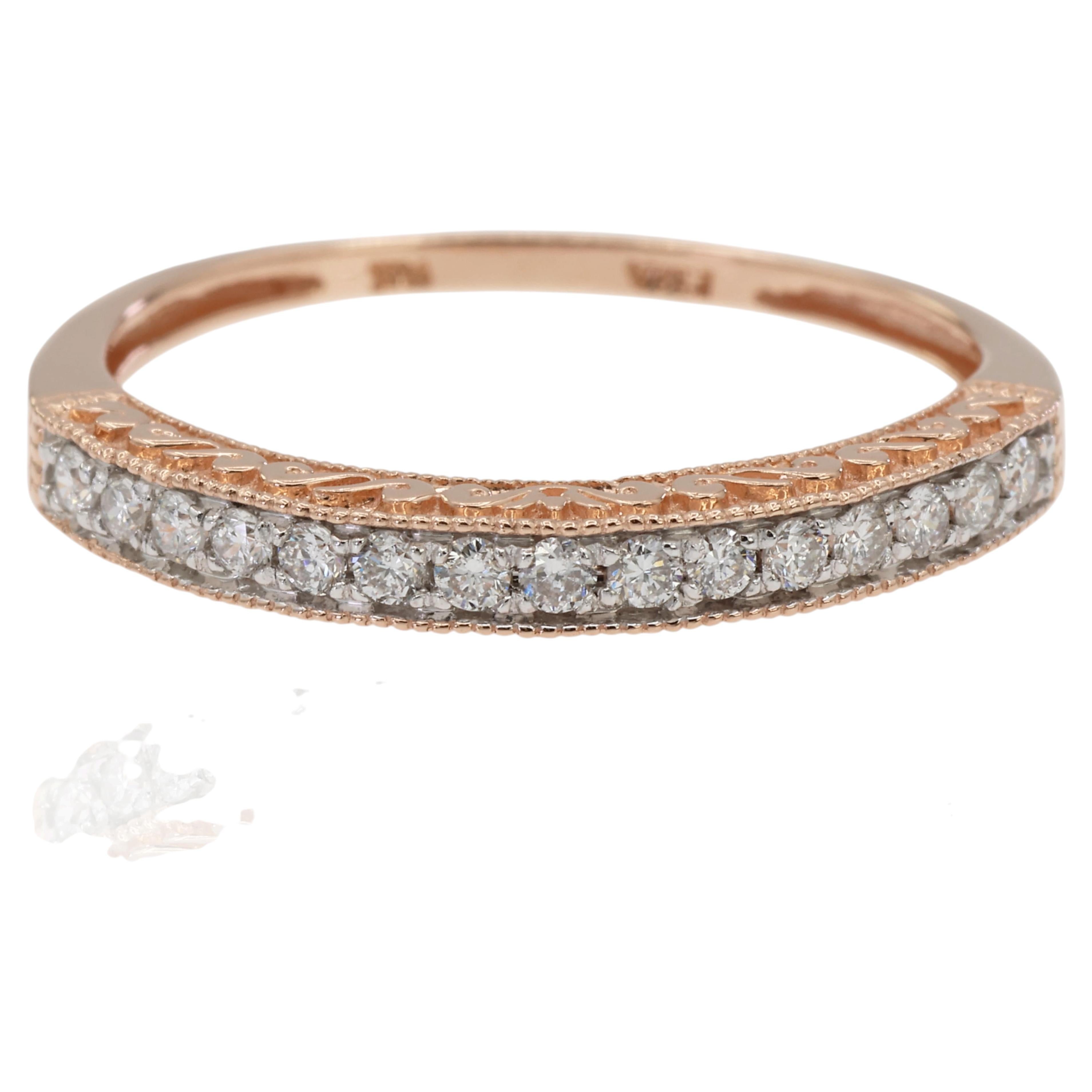 14K 585 Solid Rose Gold Engraving and Milgrain Natural Diamond Band Ring For Sale