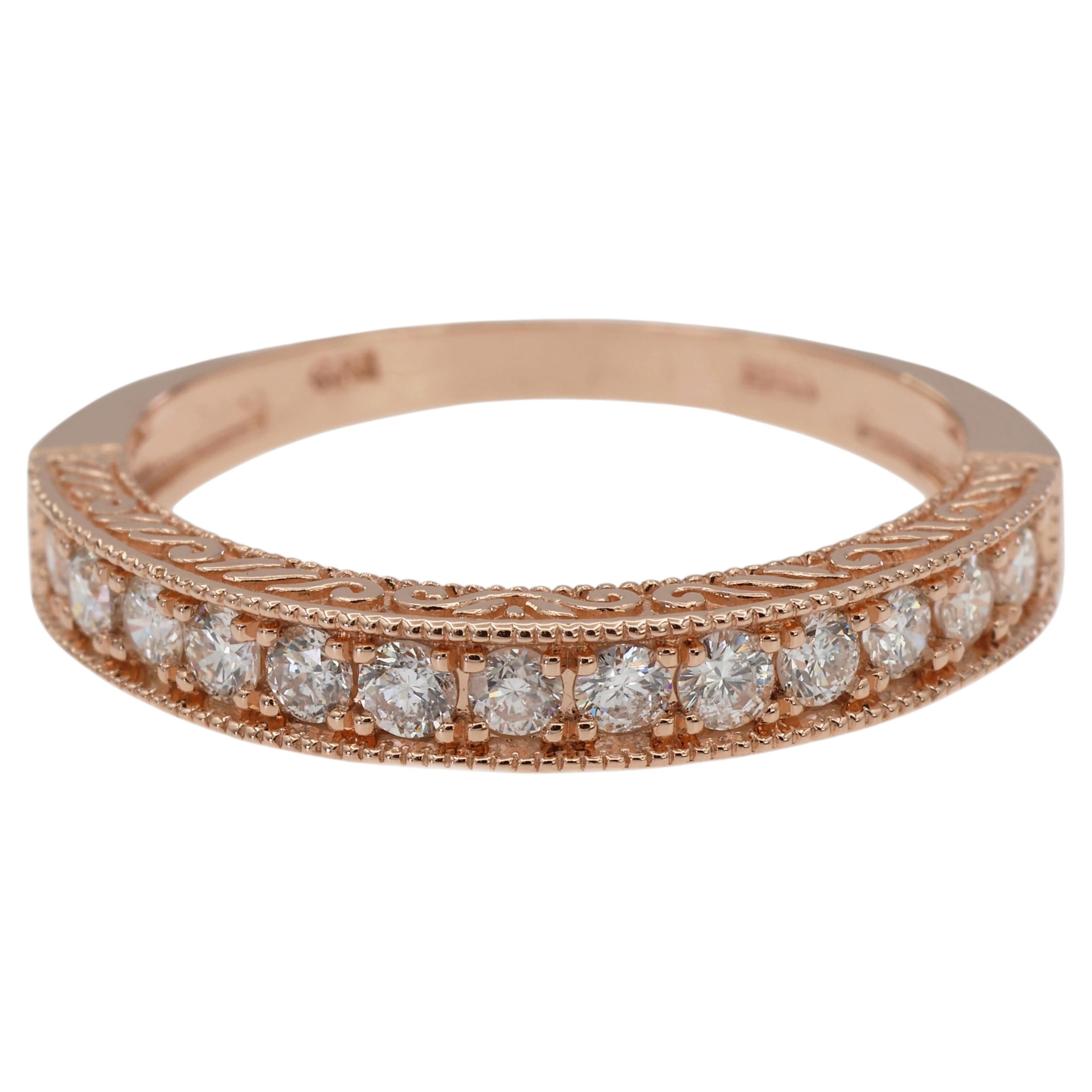 14K 585 Solid Rose Gold Side Engraving Natural Diamond Band Ring