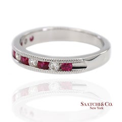 14K 585 Solid White Gold Natural Diamond and Ruby Half Band Ring