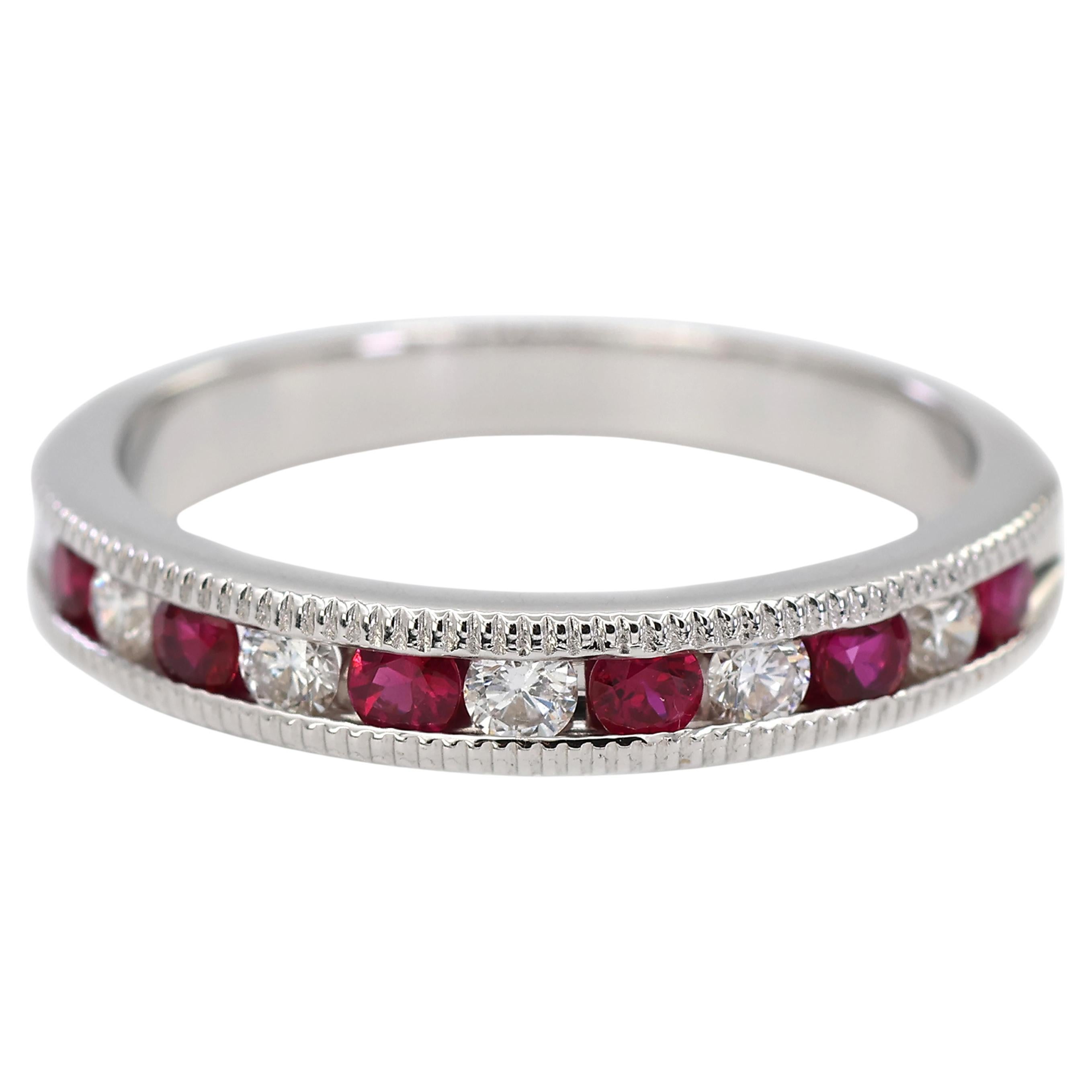 14K 585 Solid White Gold Natural Diamond and Ruby Half Band Ring