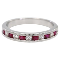 14K 585 Solid White Gold Natural Diamond and Ruby Half Band Ring