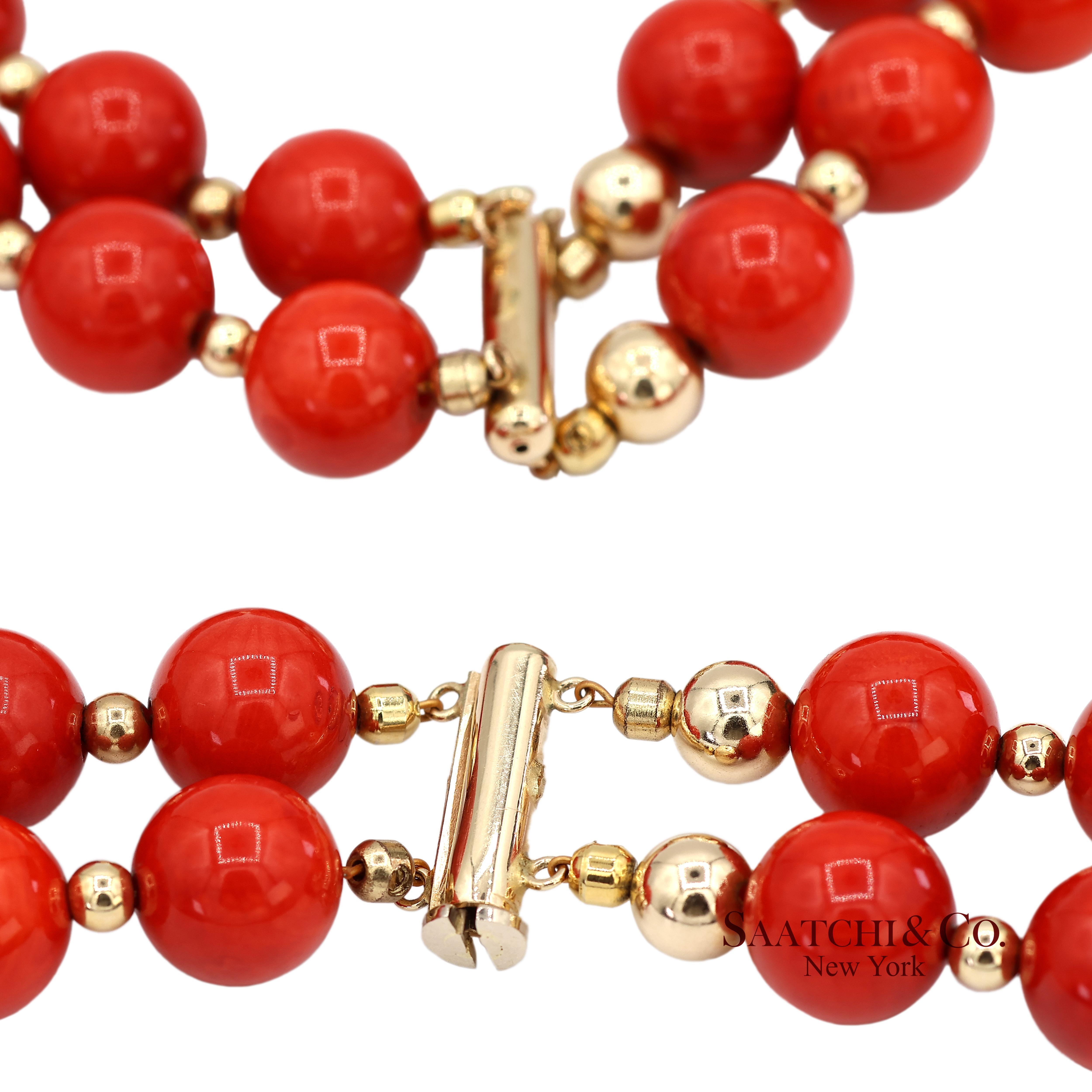 Collier de corail en or jaune massif 14K 585 en vente 4